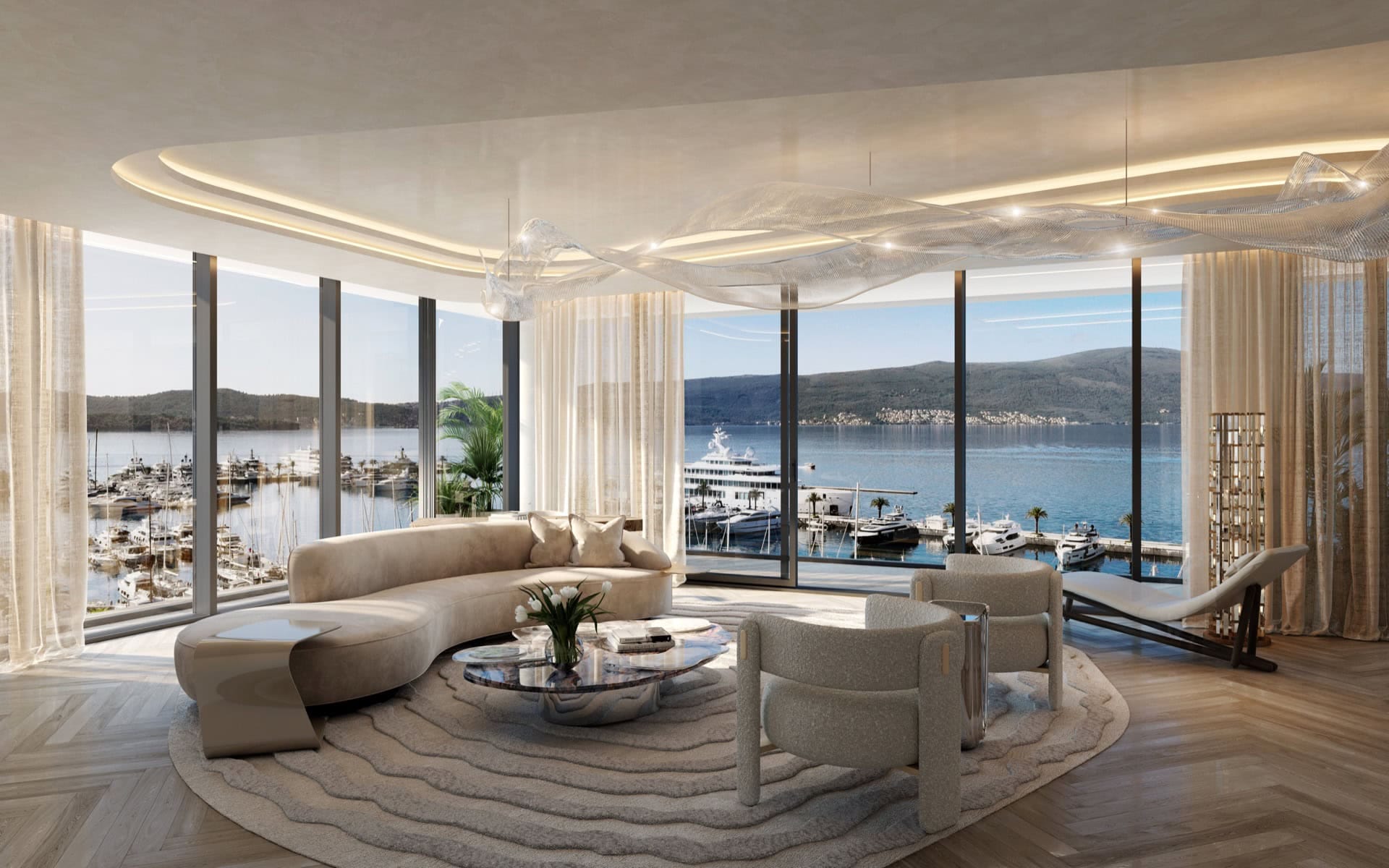 Luksalny salon z panoramicznym widokiem na marinę i jachty w premium rezydencji, Tivat, Czarnogóra. Nowoczesne wnętrze.