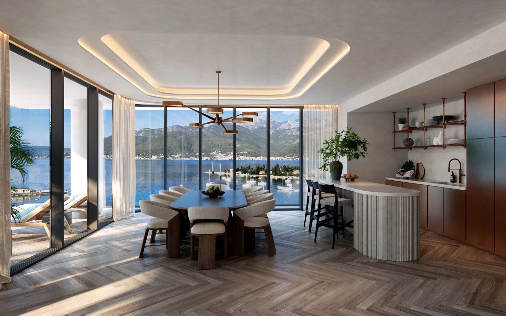 Nowoczesny salon z widokiem na morze i góry w premium rezydencji, Tivat, Czarnogóra: stylowe meble i panoramiczne okna.