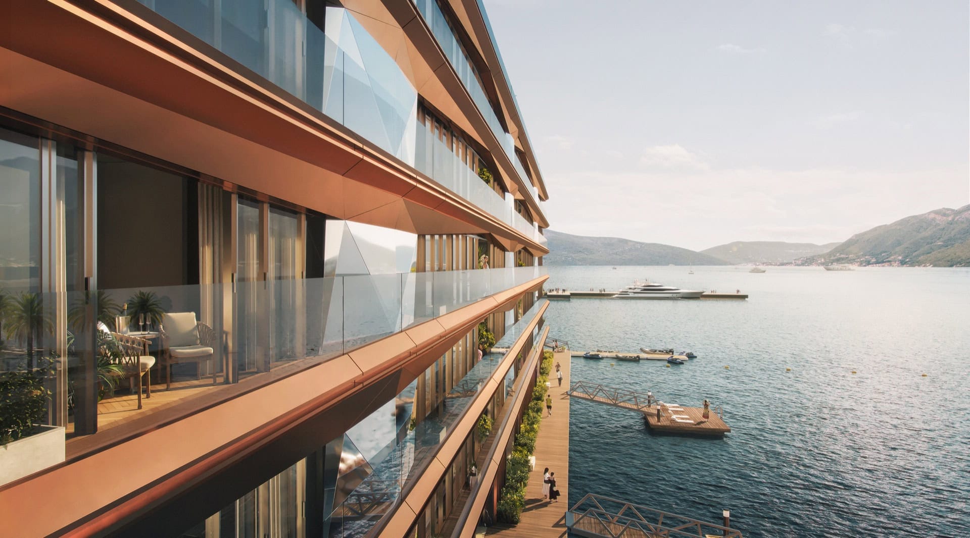 Nowoczesne apartamenty z tarasem i widokiem na morze w kompleksie premium, Tivat, Czarnogóra: balkon z meblami przy marinie.