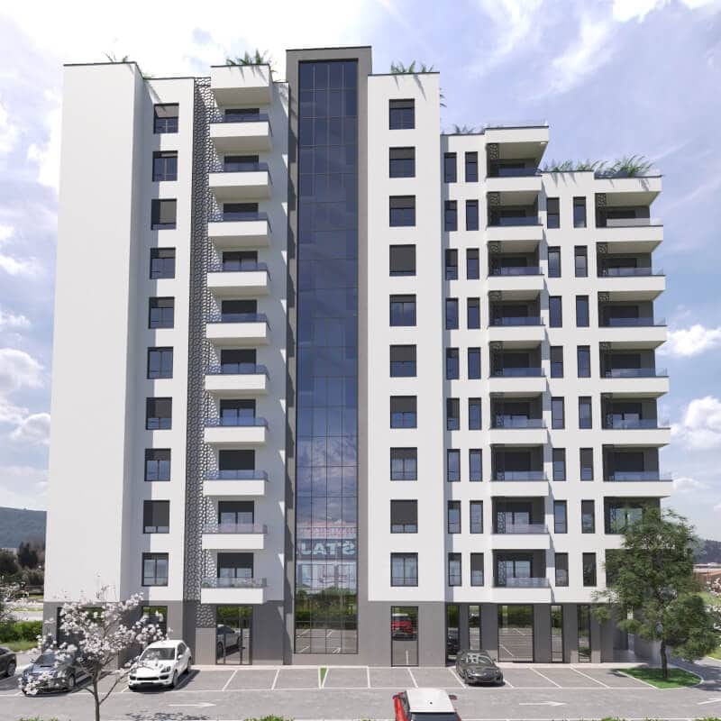 Savremeni stambeni kompleks sa panoramskim zastakljenjem i balkonima u gradu Baru, Crna Gora. Fasada nove zgrade.