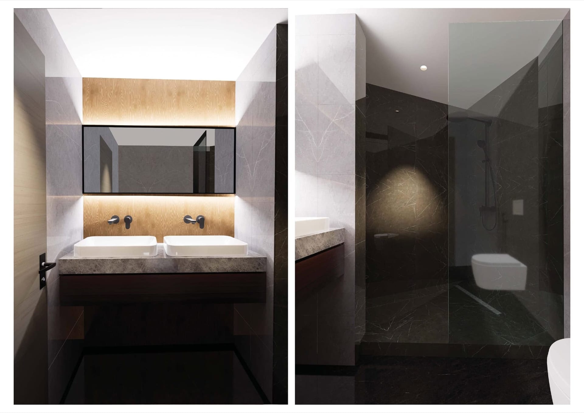 Modernes Badezimmer mit Doppelwaschbecken und Dusche in einer Wohnanlage in Bečići, Montenegro: Steinverkleidung und Beleuchtung.