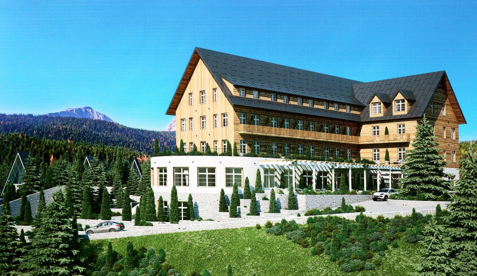 Современный отель Durmitor H&V в Жабляке, Черногория: вид на деревянный фасад и горный пейзаж в окружении хвойного леса
