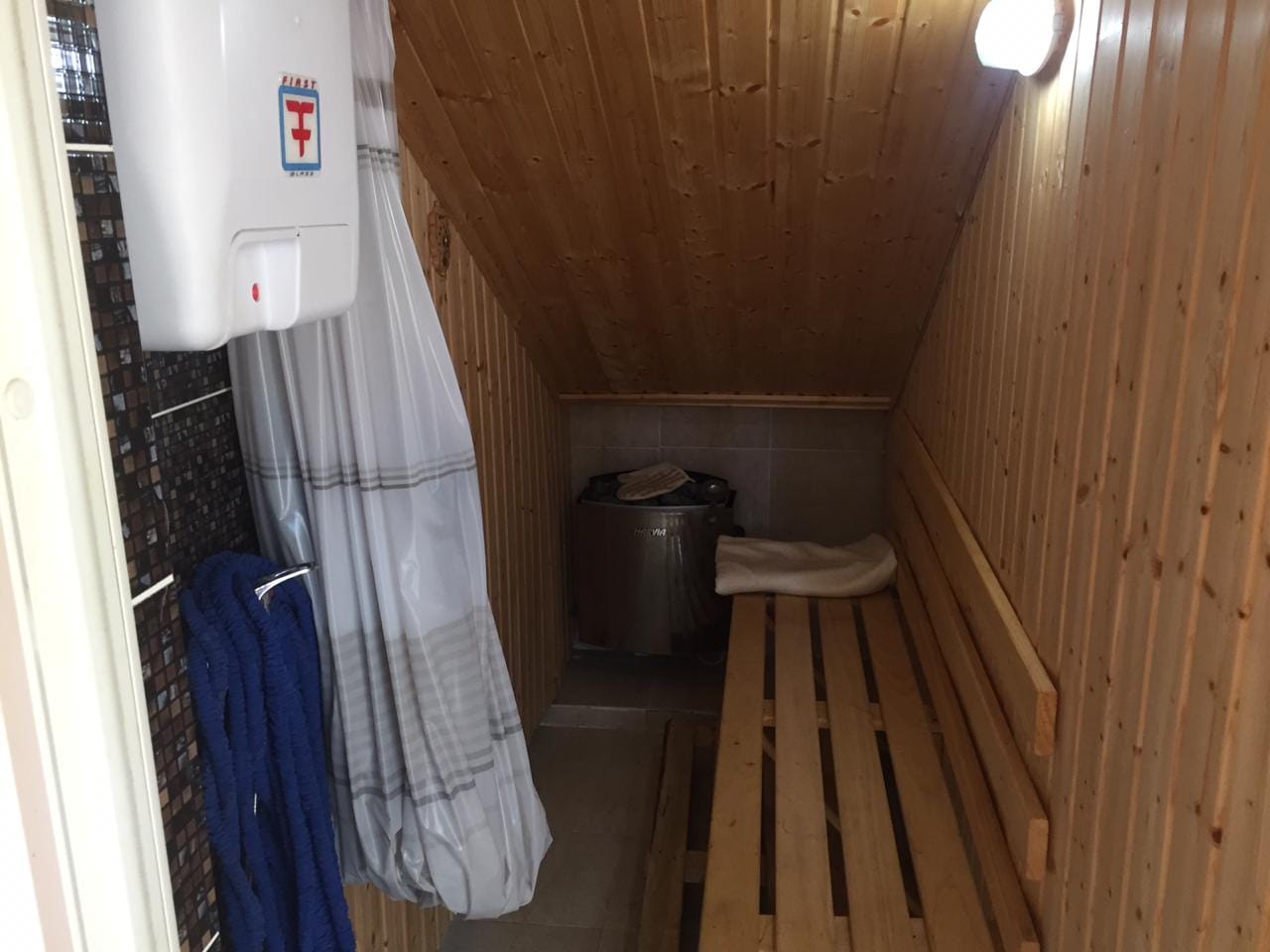 Home sauna with wood paneling and a Harvia stove in a house in Shushan, Montenegro. Bathroom with shower.