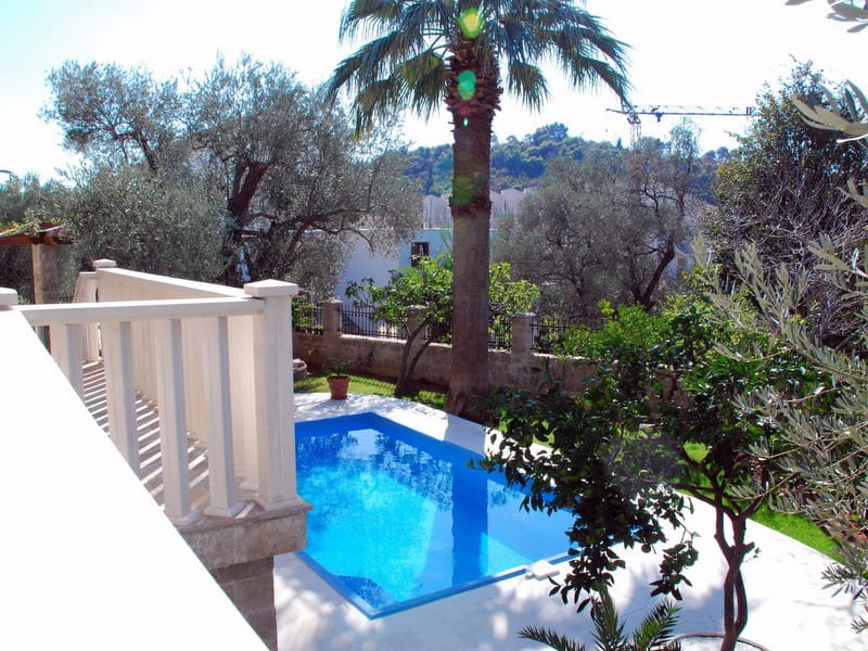 Private pool at a villa in Petrovac, Montenegro, with a terrace, palm trees, and a view of the green garden.