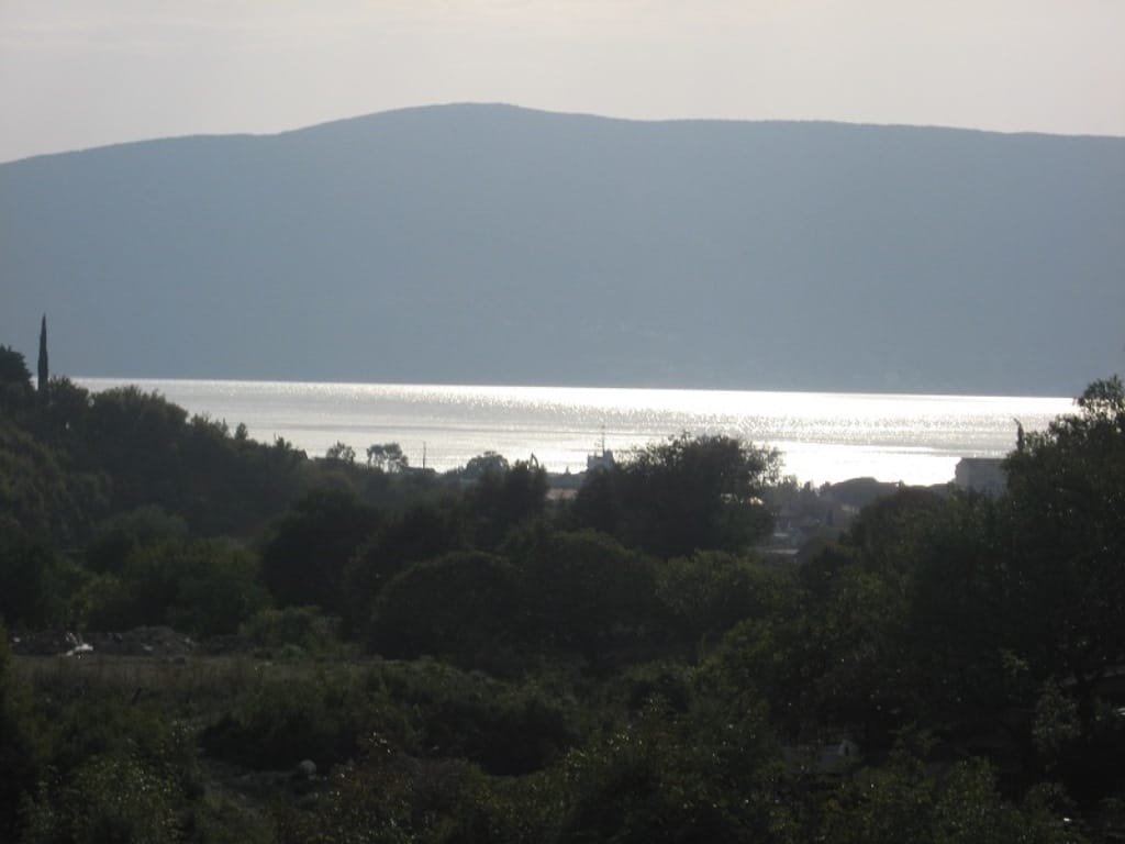 Panoramic sea and mountain view from a plot of land in Herceg Novi, Montenegro. Scenic landscape with greenery.