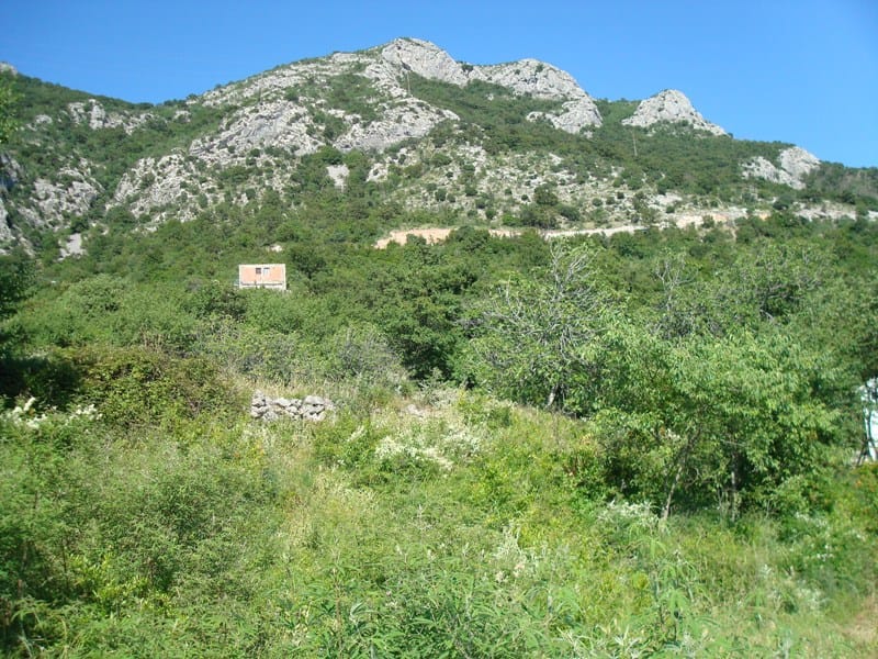 Grundstück in Buljarica, Montenegro: Panoramablick auf einen grünen Berghang und eine malerische Berglandschaft.