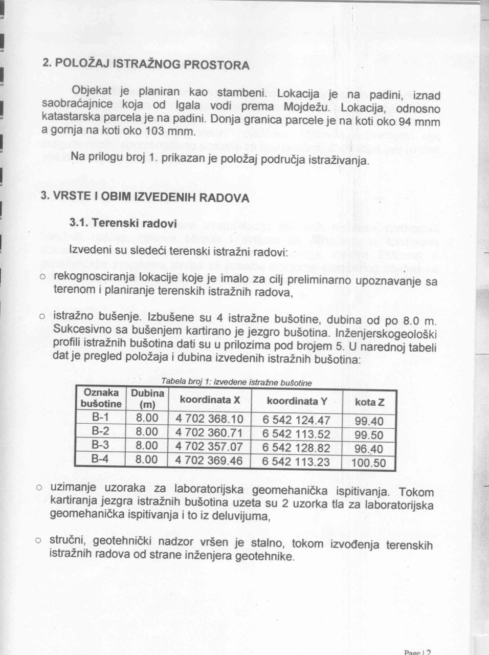 Geotechnischer Bericht und Tabelle mit Bohrdaten für das Grundstück in Herceg Novi, Montenegro.