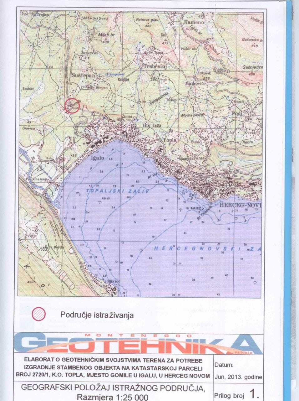 Topografische Karte des Grundstücks in Herceg Novi, Montenegro, mit Markierung des Bauplatzes im Stadtteil Gomila.
