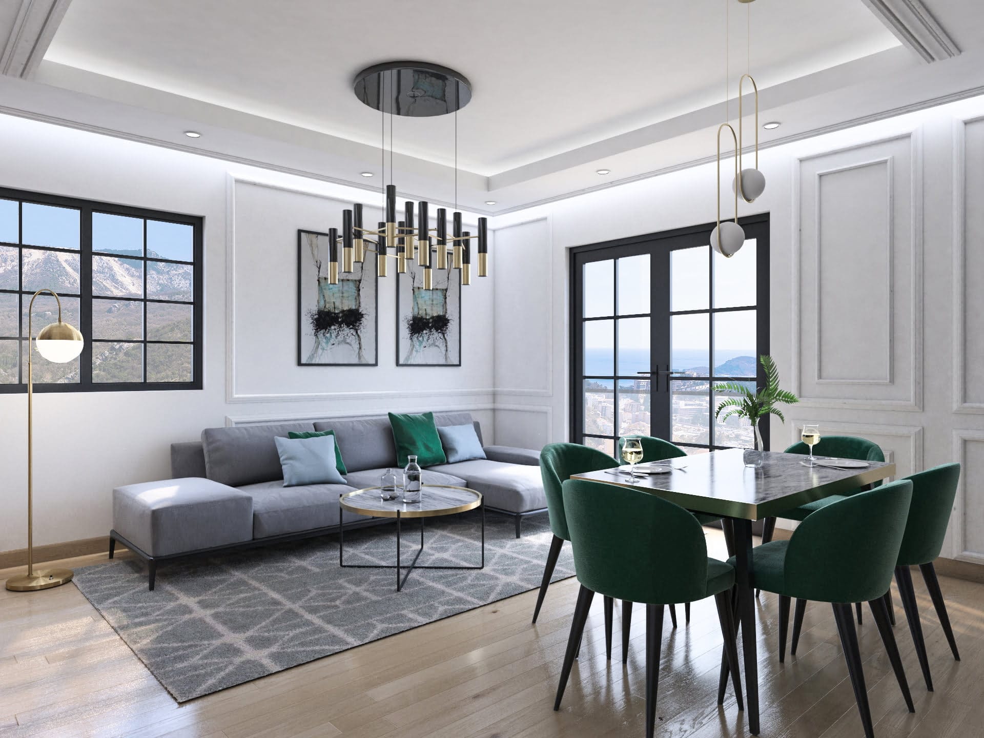 Design des Wohnzimmers mit Meerblick in der Wohnanlage Bečići, Montenegro: graues Sofa, grüne Stühle, moderne Ausstattung und Dekor.
