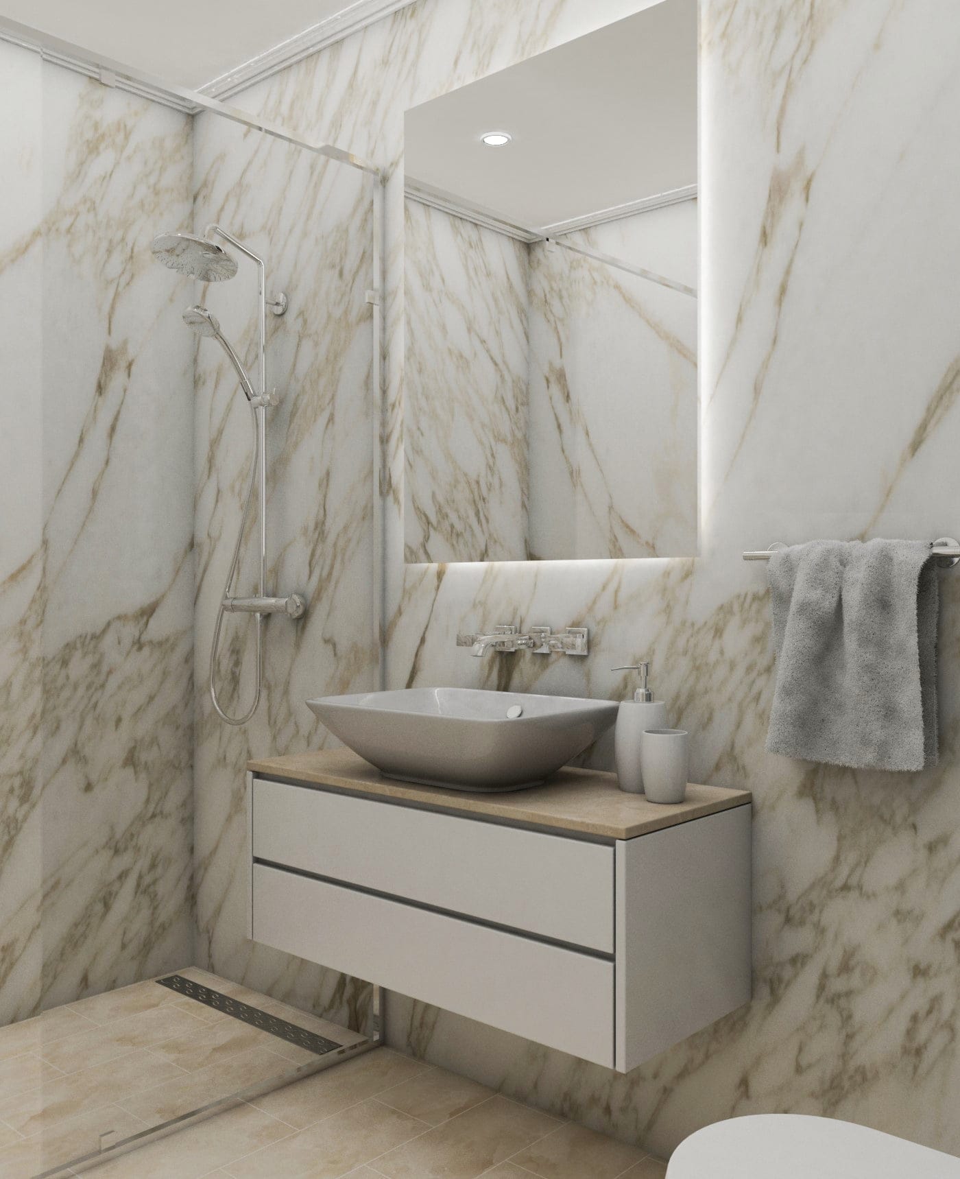Modernes Badezimmer mit Marmoroptik in der Wohnanlage Bečići, Budva-Riviera, Montenegro: Dusche und hängender Waschtisch.