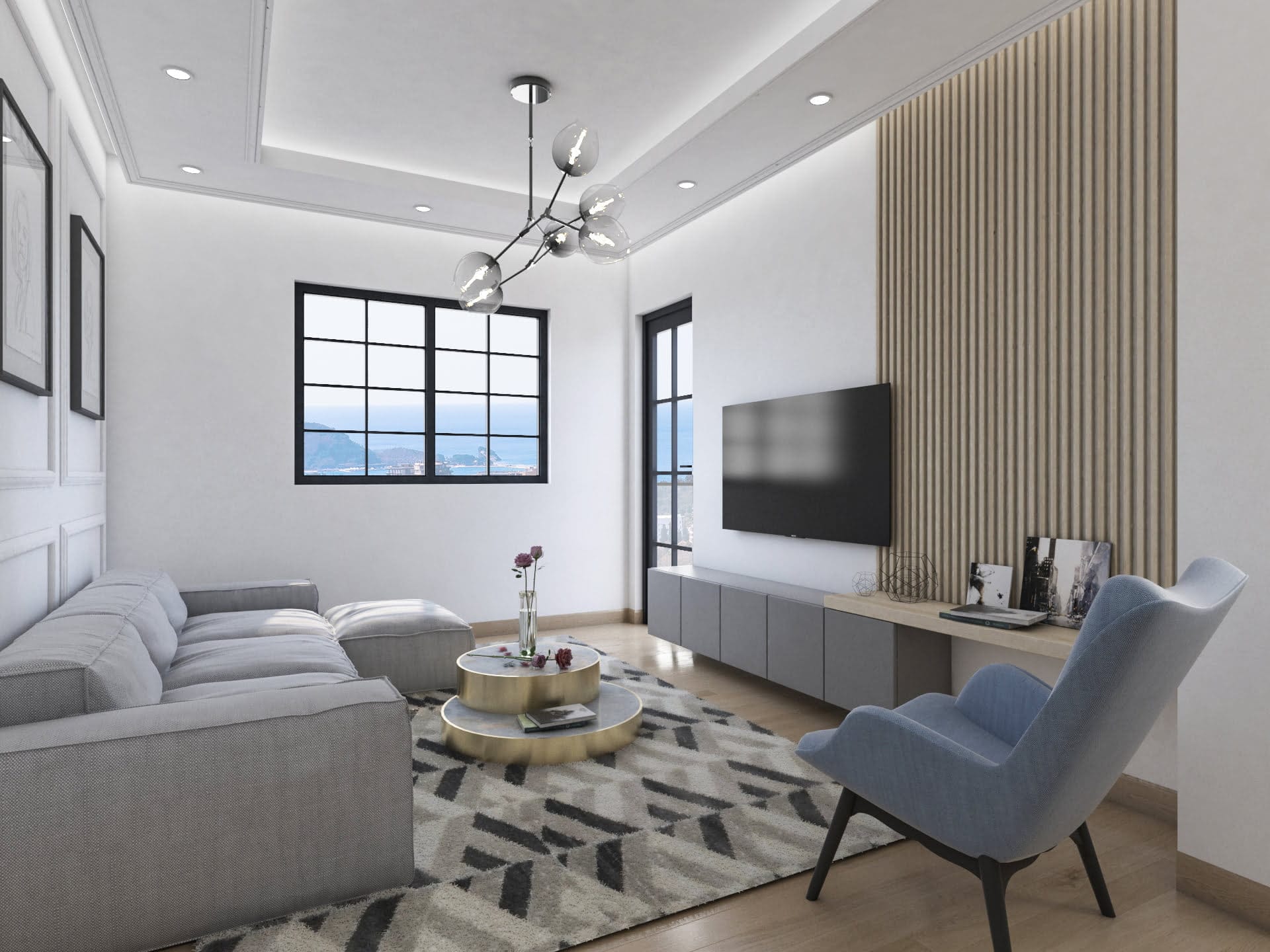 Modernes Wohnzimmer mit Meerblick in der Wohnanlage Bečići, Budva-Riviera, Montenegro: stilvolle Möbel und Dekoration.