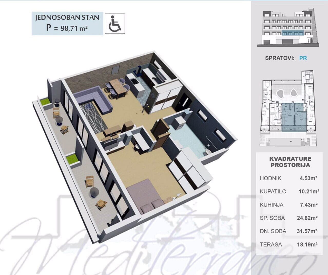 3D floor plan of a 98.71 m² apartment with a terrace in a residential complex in the city of Ulcinj, Montenegro: top view of the interior.