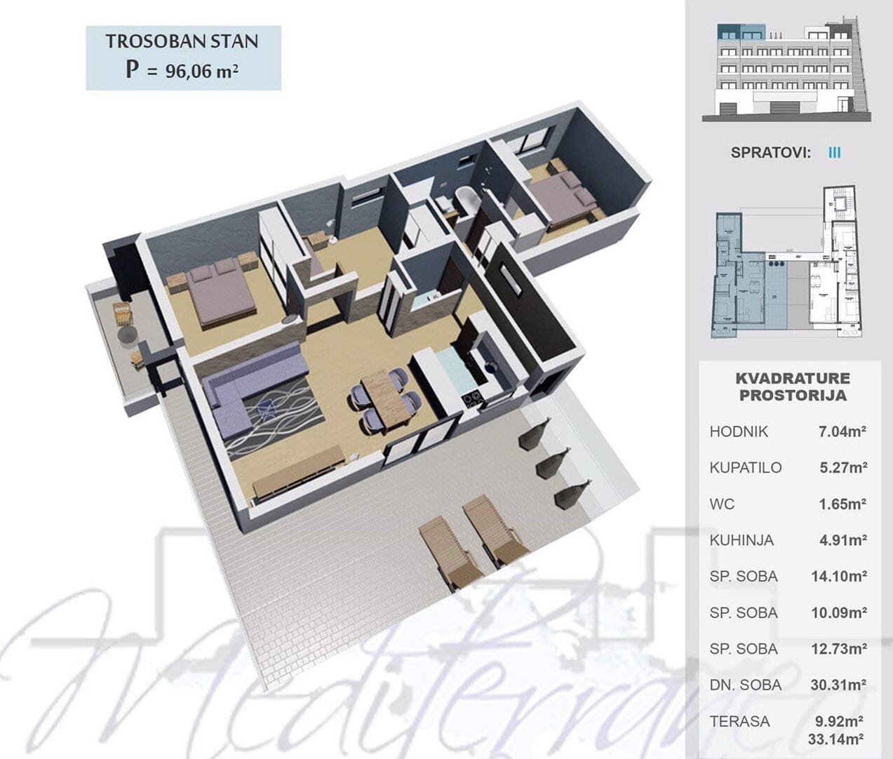 3D floor plan of a three-room apartment of 96 m² with a terrace in a residential complex, Ulcinj, Montenegro.