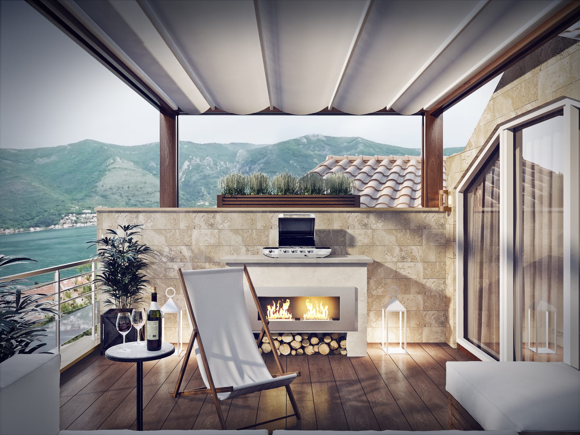 Terrasse der Wohnung in Dobrota, Montenegro: Kamin, Grill, Liegestuhl und Panoramablick auf die Bucht von Kotor und die Berge.