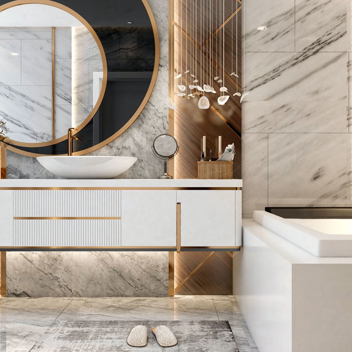 Luxurious bathroom in Budva residential complex, Montenegro: marble finishes, designer furniture, round mirror, and lighting.