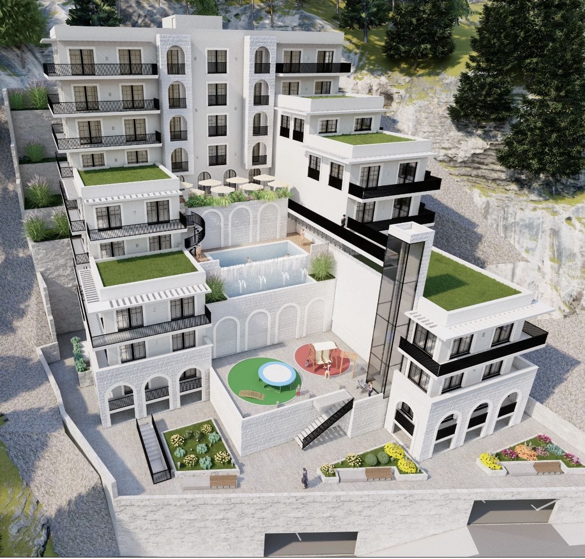 Modern residential complex in Budva, Montenegro: a cascading building with a pool, terraces, and a playground.