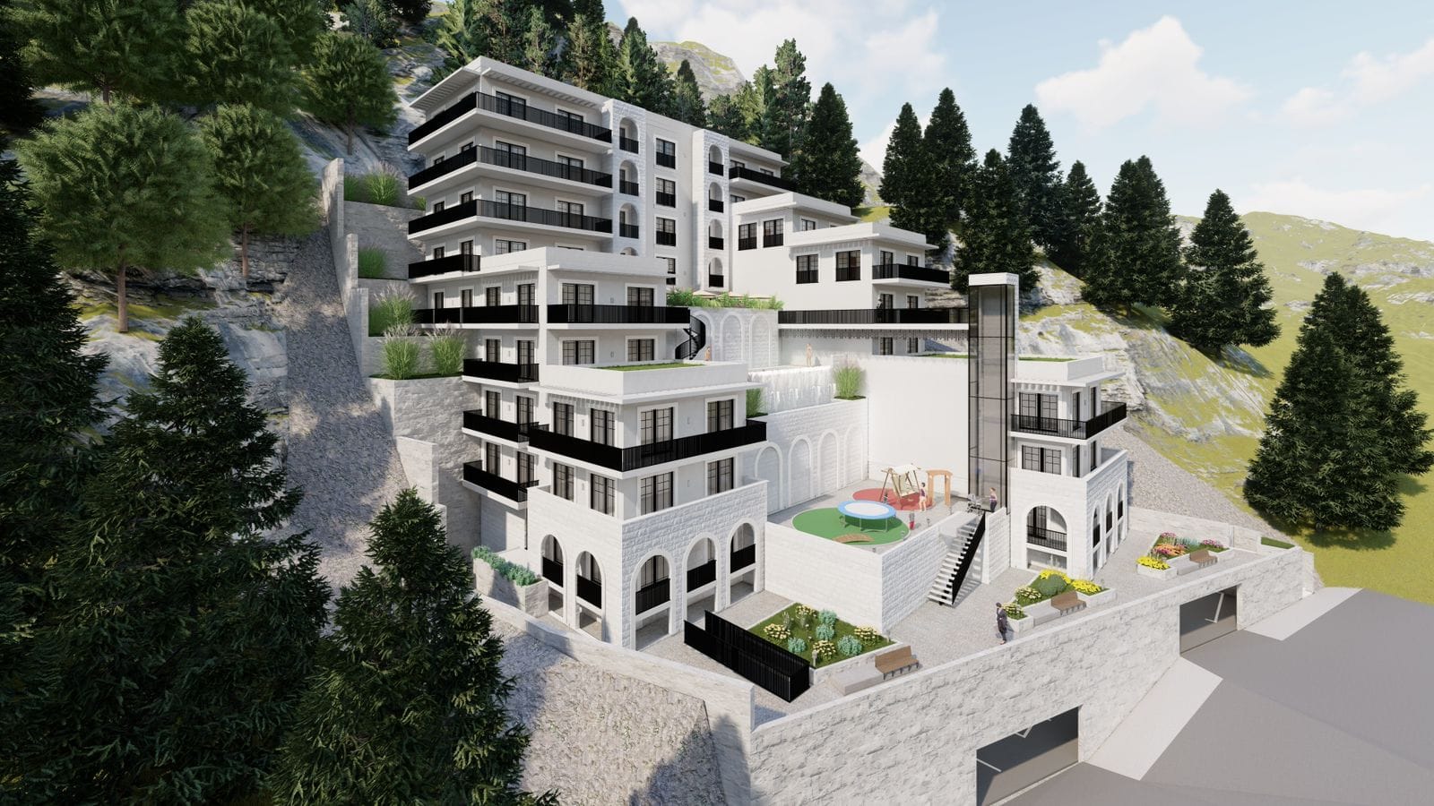 Visualization of a residential complex in Budva, Montenegro: a modern building with terraces, an elevator, and a playground.