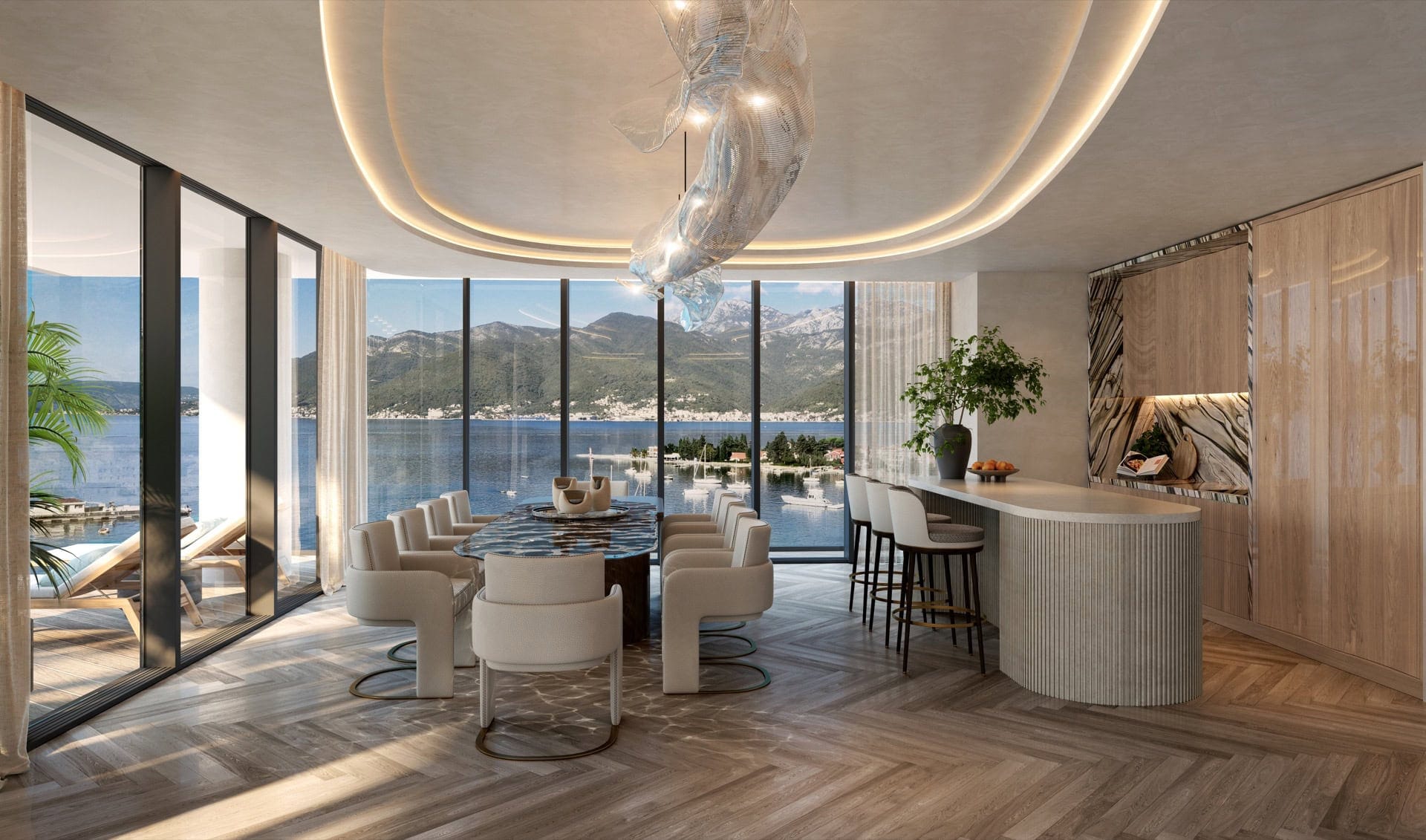 Designerski salon z panoramicznym widokiem na morze i góry w premium rezydencji, Tivat, Czarnogóra.