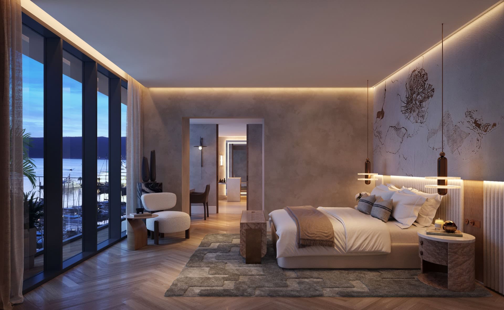 Projekt sypialni w rezydencji premium, Tivat, Czarnogóra: panoramiczne okna z widokiem na marinę i stylowe wnętrze.