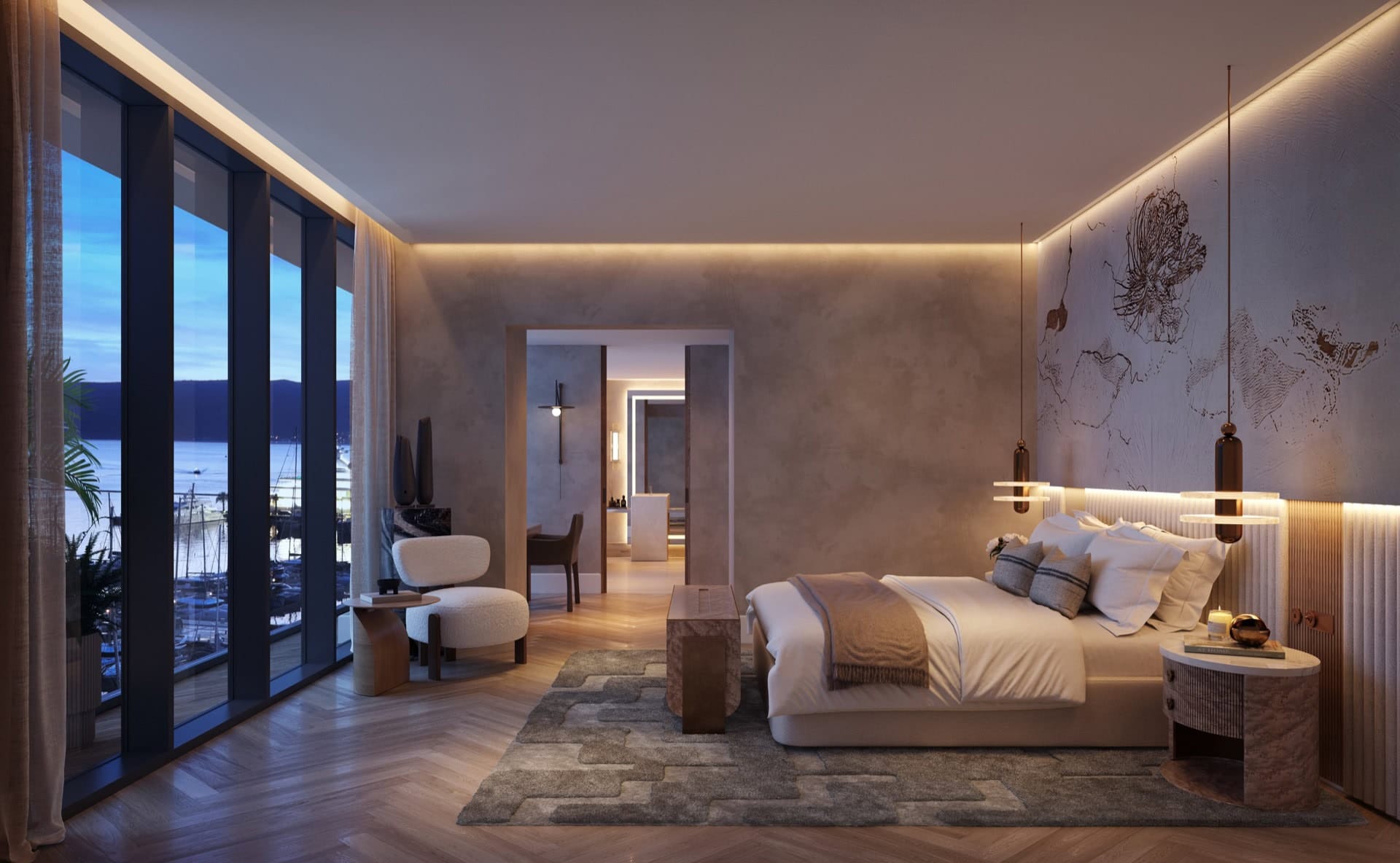 Projekt sypialni w rezydencji premium, Tivat, Czarnogóra: panoramiczny widok na marinę, nowoczesne meble i dekoracje.