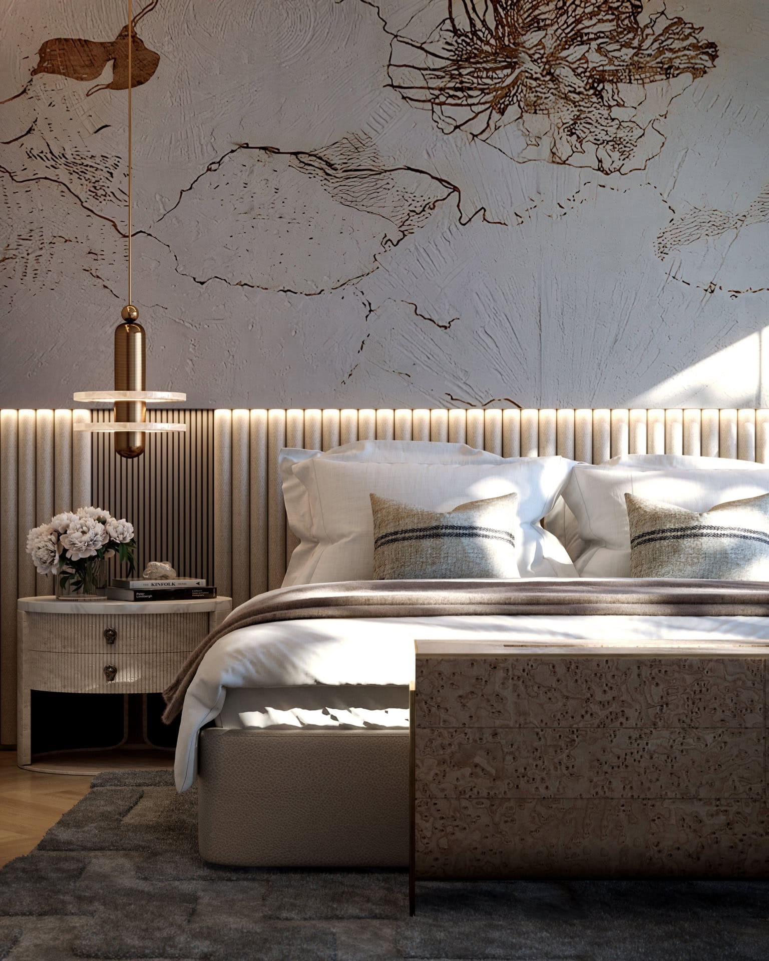 Design sypialni w premium rezydencji, Tivat, Czarnogóra: miękkie wezgłowie, designerska lampa i dekoracja ścienna.