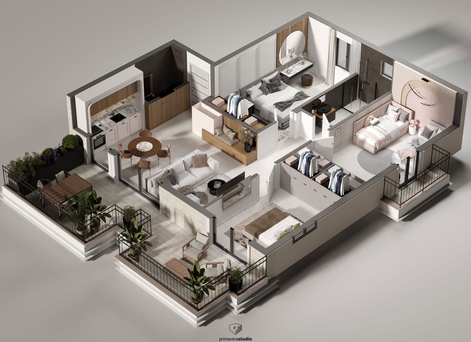 3D floor plan of a modern apartment in Dobrota, Montenegro: three bedrooms, a living room, kitchen, and a furnished terrace.