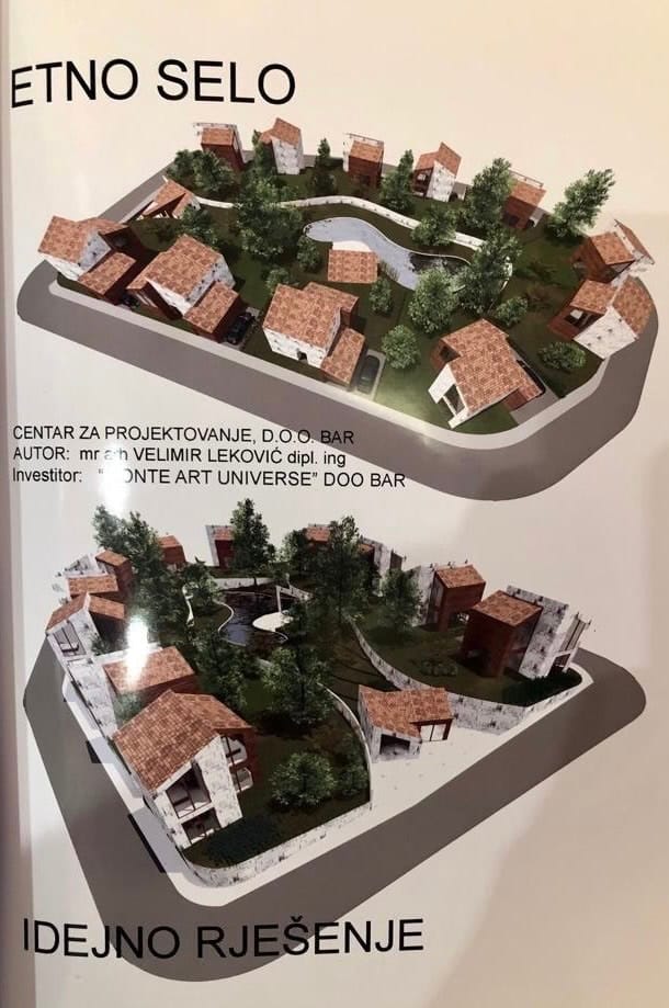 Architectural project of an ethno-village with houses and a swimming pool in Bar, Montenegro: site development visualization.