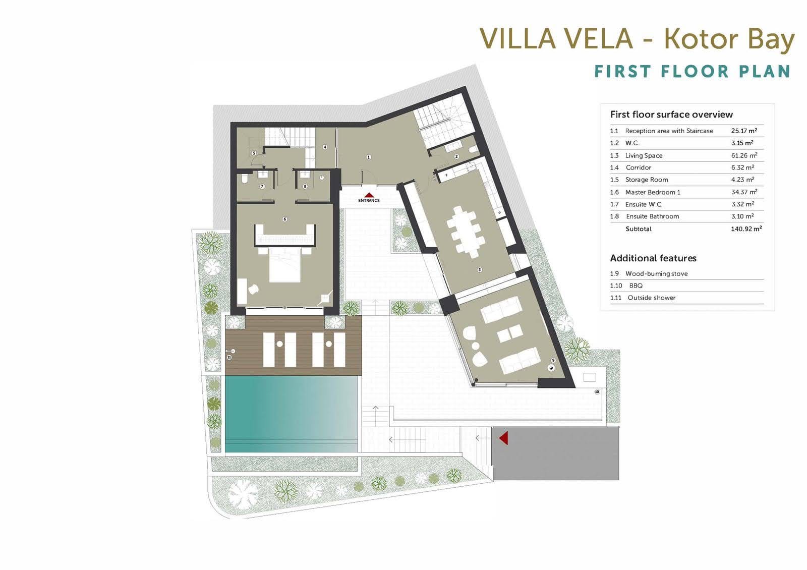 Планировка первого этажа виллы Villa Vela в Которском заливе, Черногория: гостиная, спальня и бассейн.