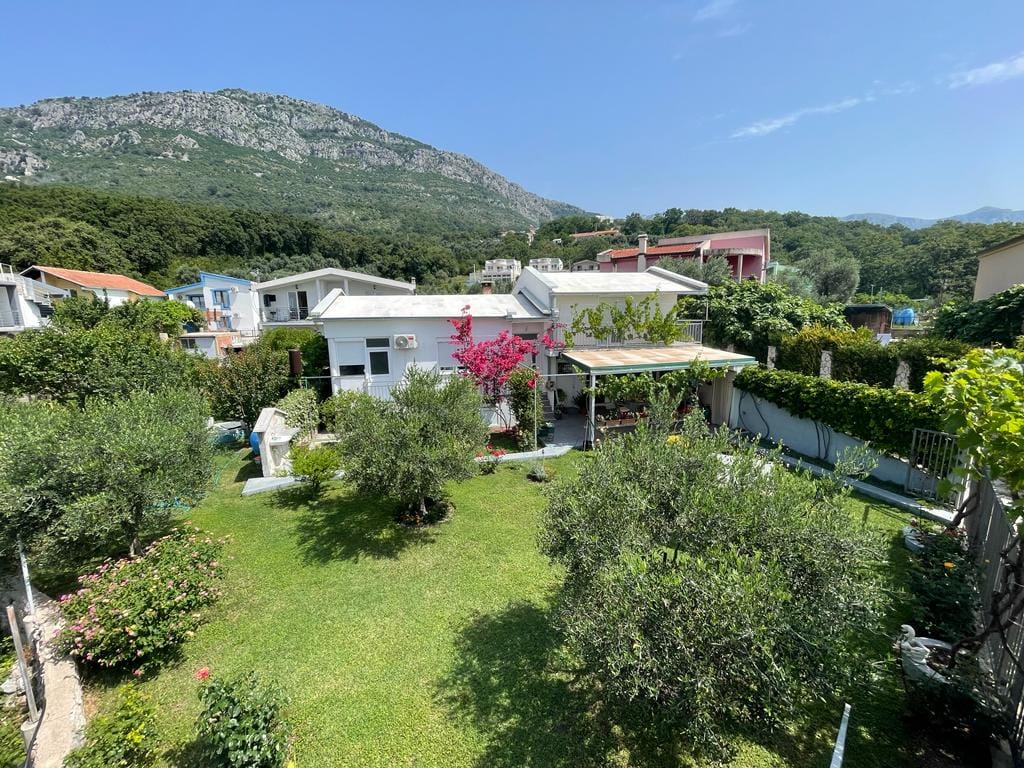 Maison à Šušanj, Monténégro : vue sur le terrain avec jardin verdoyant, oliviers et terrasse couverte sur fond de montagnes.
