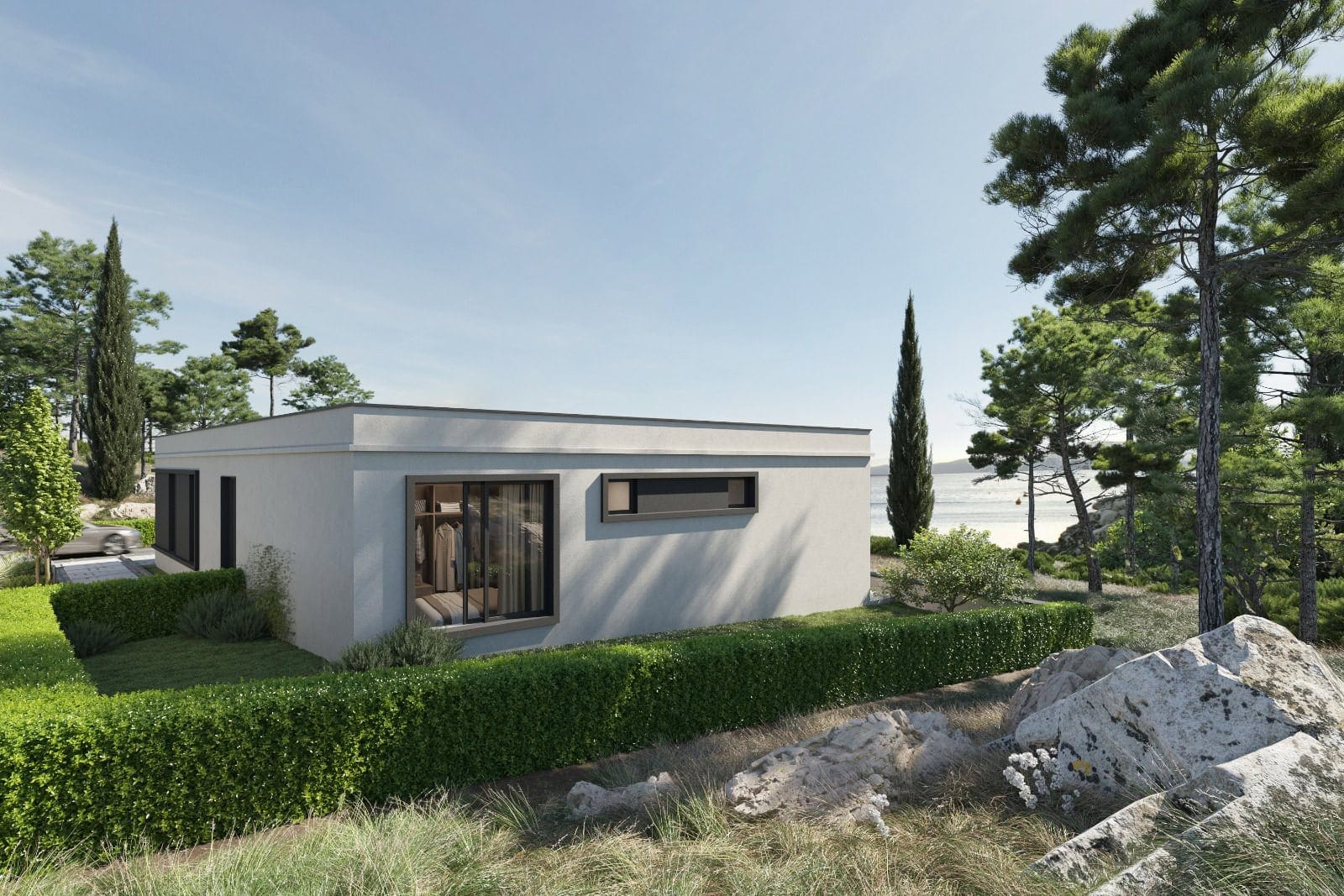 Moderne Villa in Krimovica, Montenegro: Blick auf ein einstöckiges Haus mit Panoramafenstern und Landschaftsgestaltung am Meer.