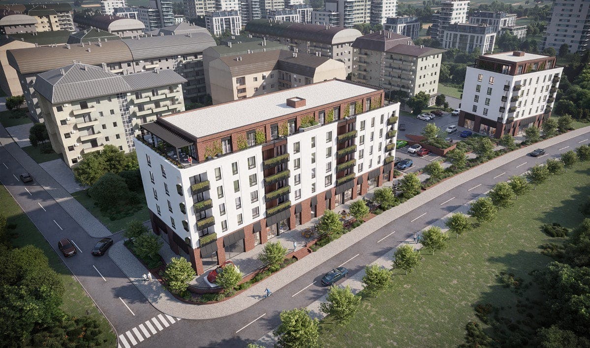 Aerial view of the Lumen Homes residential complex in Podgorica, Montenegro: a modern building with terraces and parking.