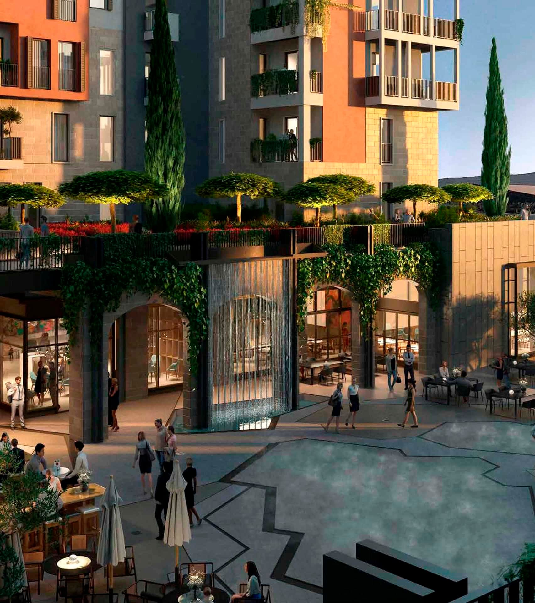 Современный жилой комплекс Boka Place в Тивате, Черногория: благоустроенная площадь с водопадом и зонами отдыха.