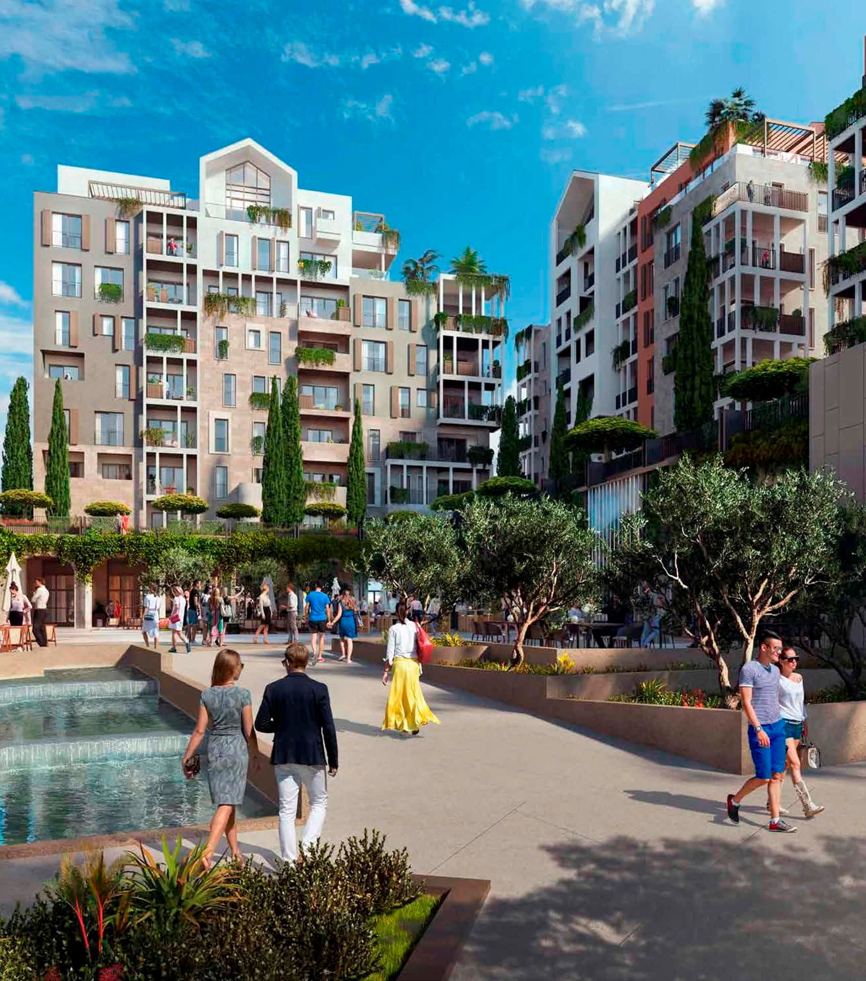 Современный жилой комплекс Boka Place в Тивате, Черногория: благоустроенная территория с фонтаном, деревьями и людьми.