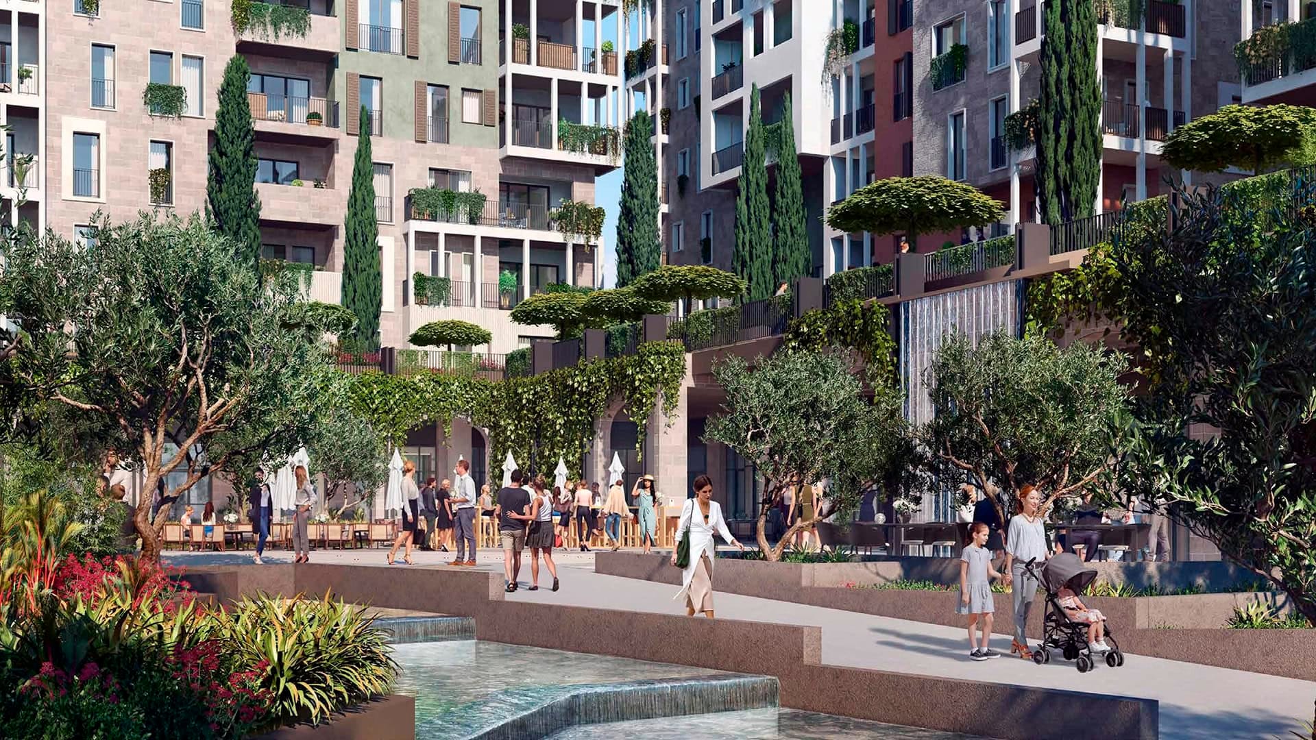 Современный жилой комплекс Boka Place в Тивате, Черногория: благоустроенная территория с фонтанами и озеленением.