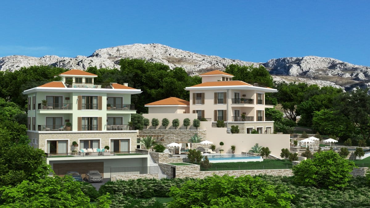 Moderne Villen in Reževići, Montenegro: dreistöckige Häuser mit Terrassen, Pool und Bergblick inmitten von viel Grün.