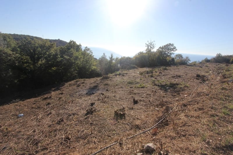 Building plot in Sveti Stefan, Montenegro, with panoramic views of the sea and forested area.