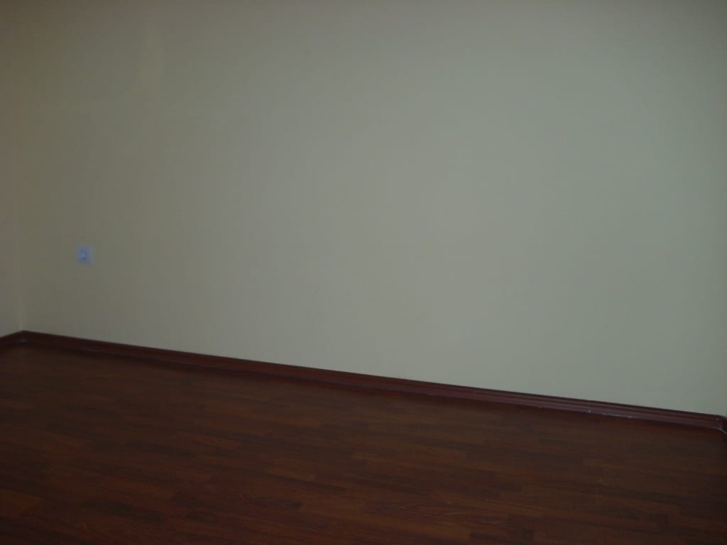 Empty living room with beige walls and dark laminate flooring in a villa in Markovichi, Montenegro, interior view.