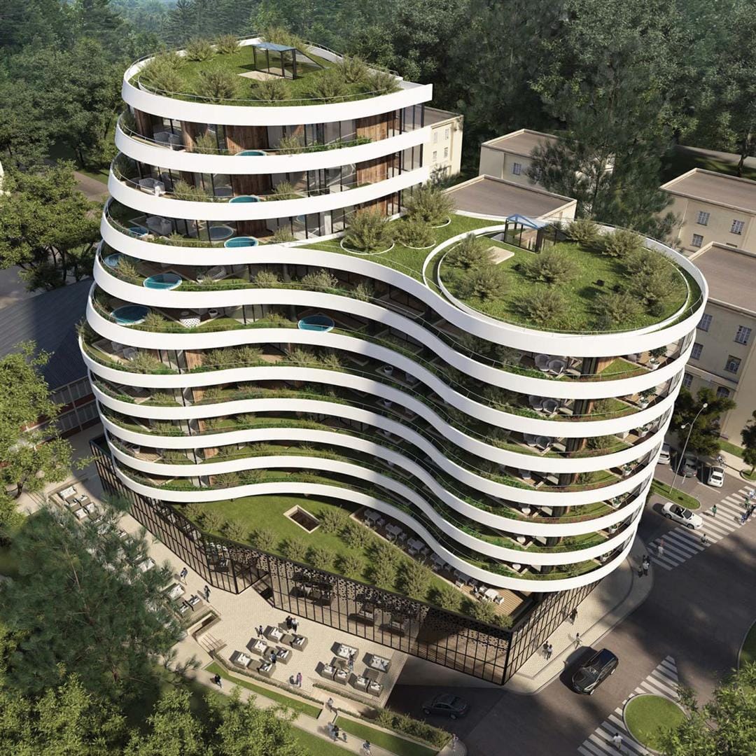 Moderner Wohnkomplex in Budva, Montenegro: Gebäude mit begrünten Terrassen, Pools und Panoramaverglasung.