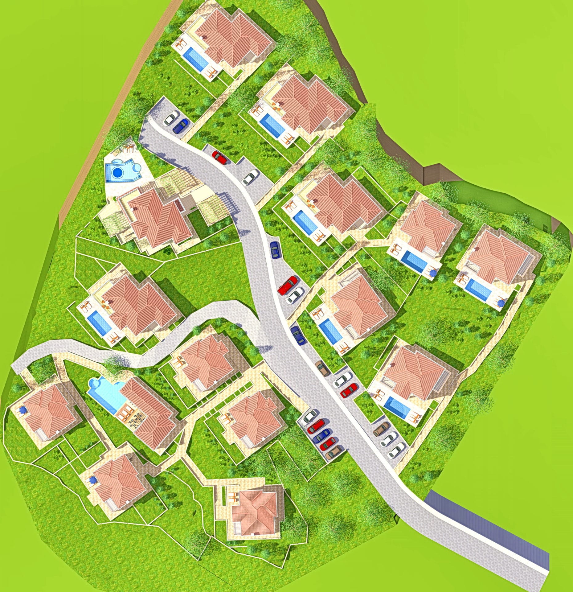 Karadağ, Kamenovo'daki villalar, yüzme havuzları ve otopark alanına sahip site genel yerleşim planı: arsanın kuş bakışı görünümü.