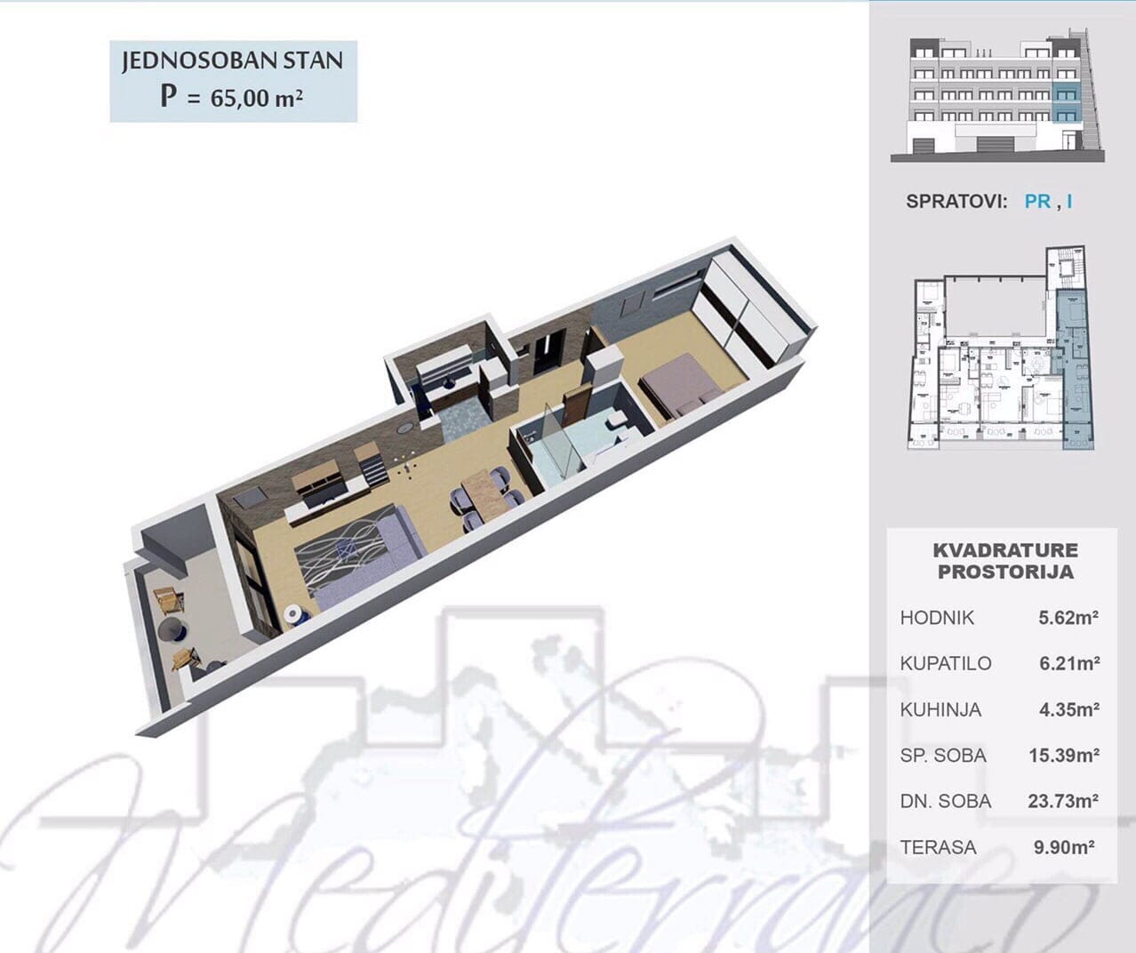 3D-планировка квартиры 65 м² в жилом комплексе, Ульцинь, Черногория: гостиная, спальня, кухня и терраса.