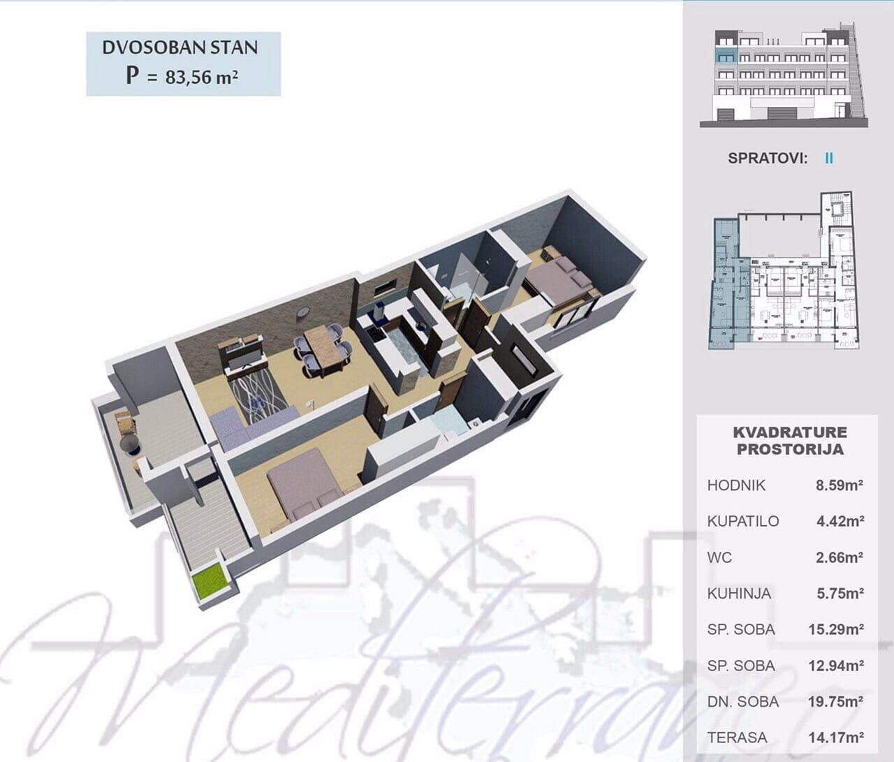 3D-планировка квартиры 83,56 м² с двумя спальнями в жилом комплексе, Ульцинь, Черногория: вид сверху на интерьер.