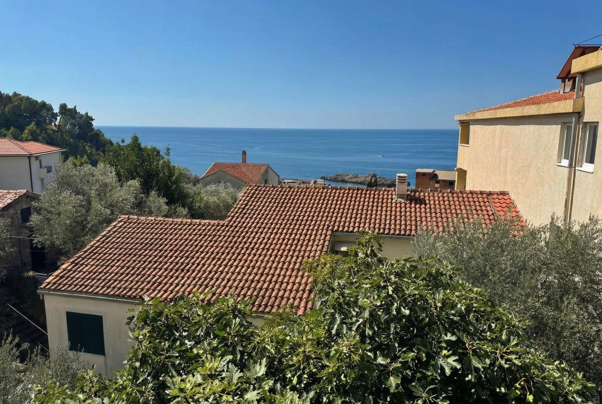 Panoramic view of the sea and tiled rooftops in Sveti Stefan, Montenegro, surrounded by greenery and olive trees.