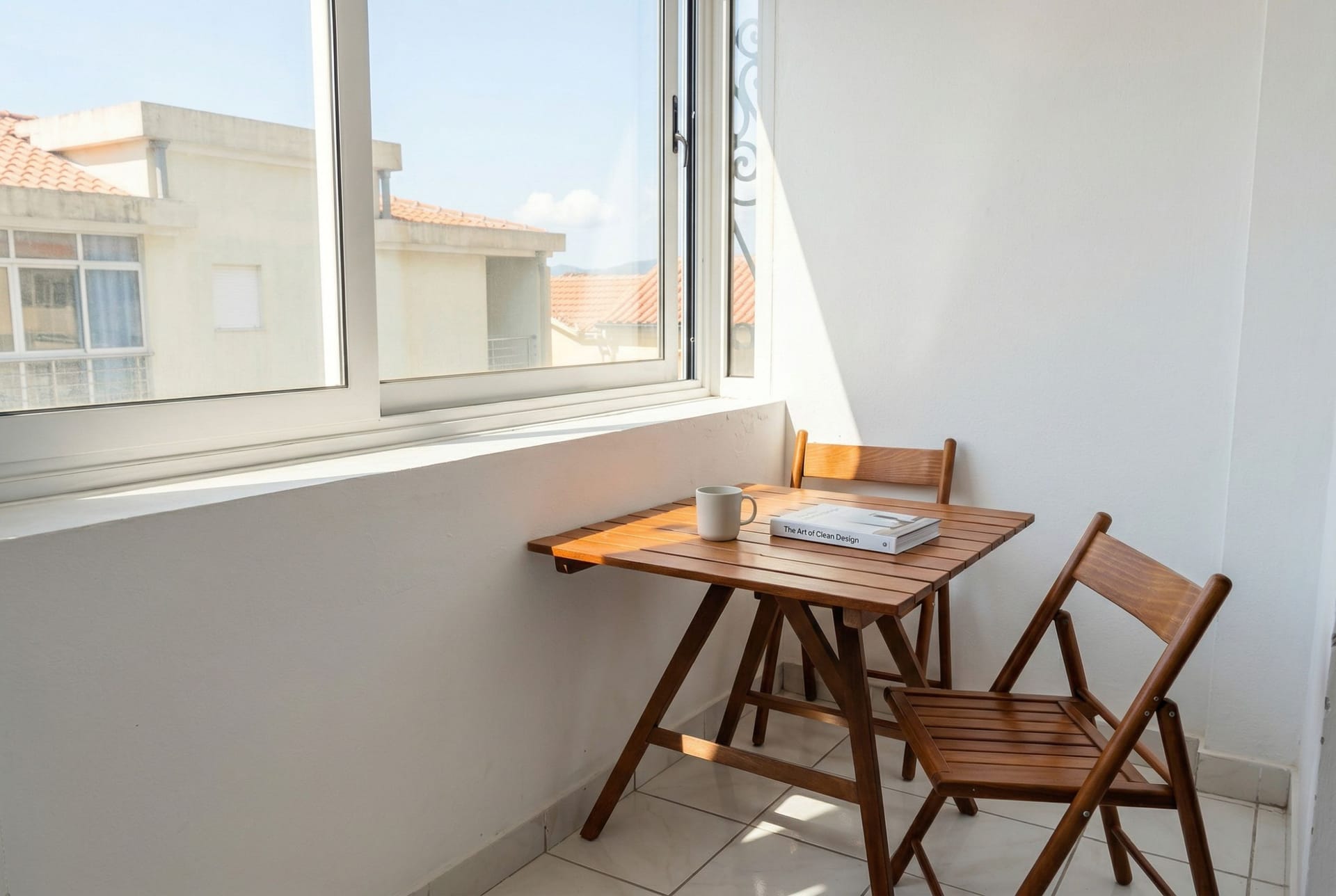 Cozy balcony with wooden furniture and a view of the houses in Sveti Stefan, Montenegro. Bright apartment with a terrace.