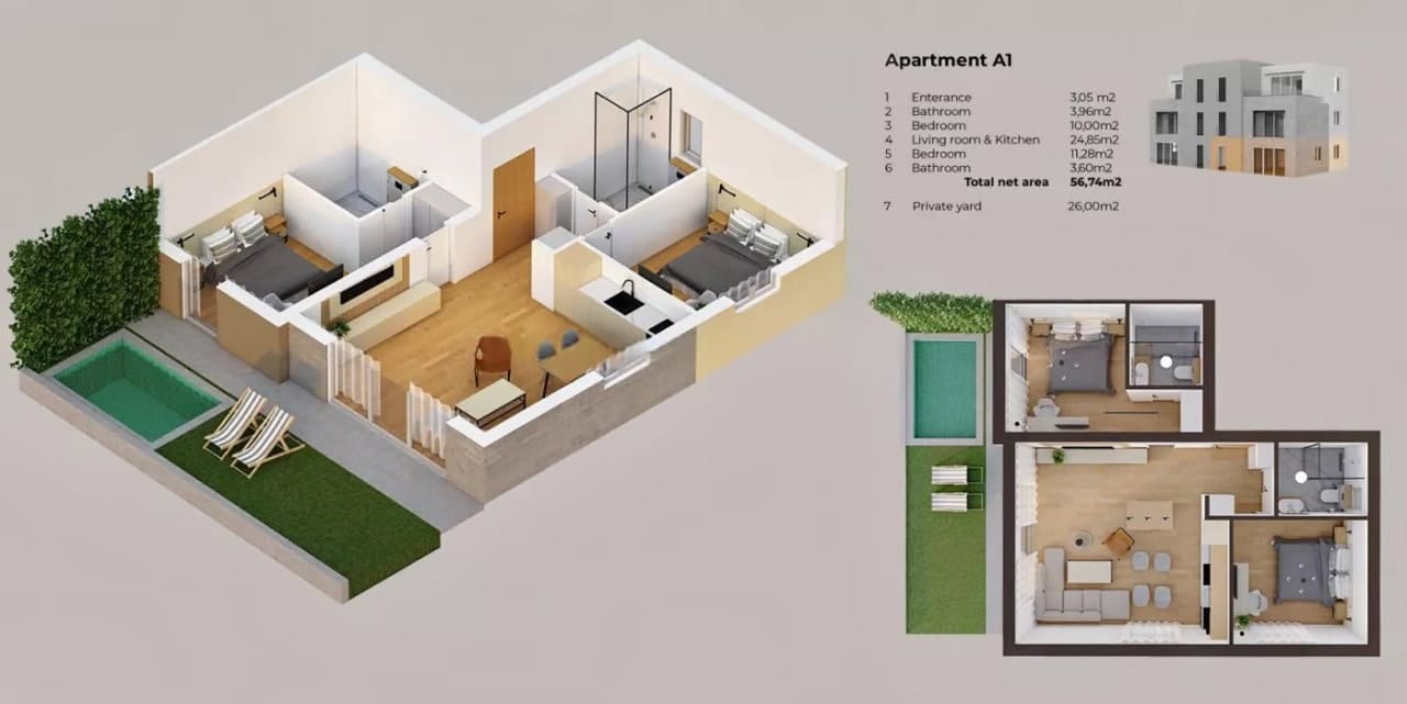 3D-планировка квартиры 56 м2 с двумя спальнями, частным двором и бассейном в Столиве, Черногория.