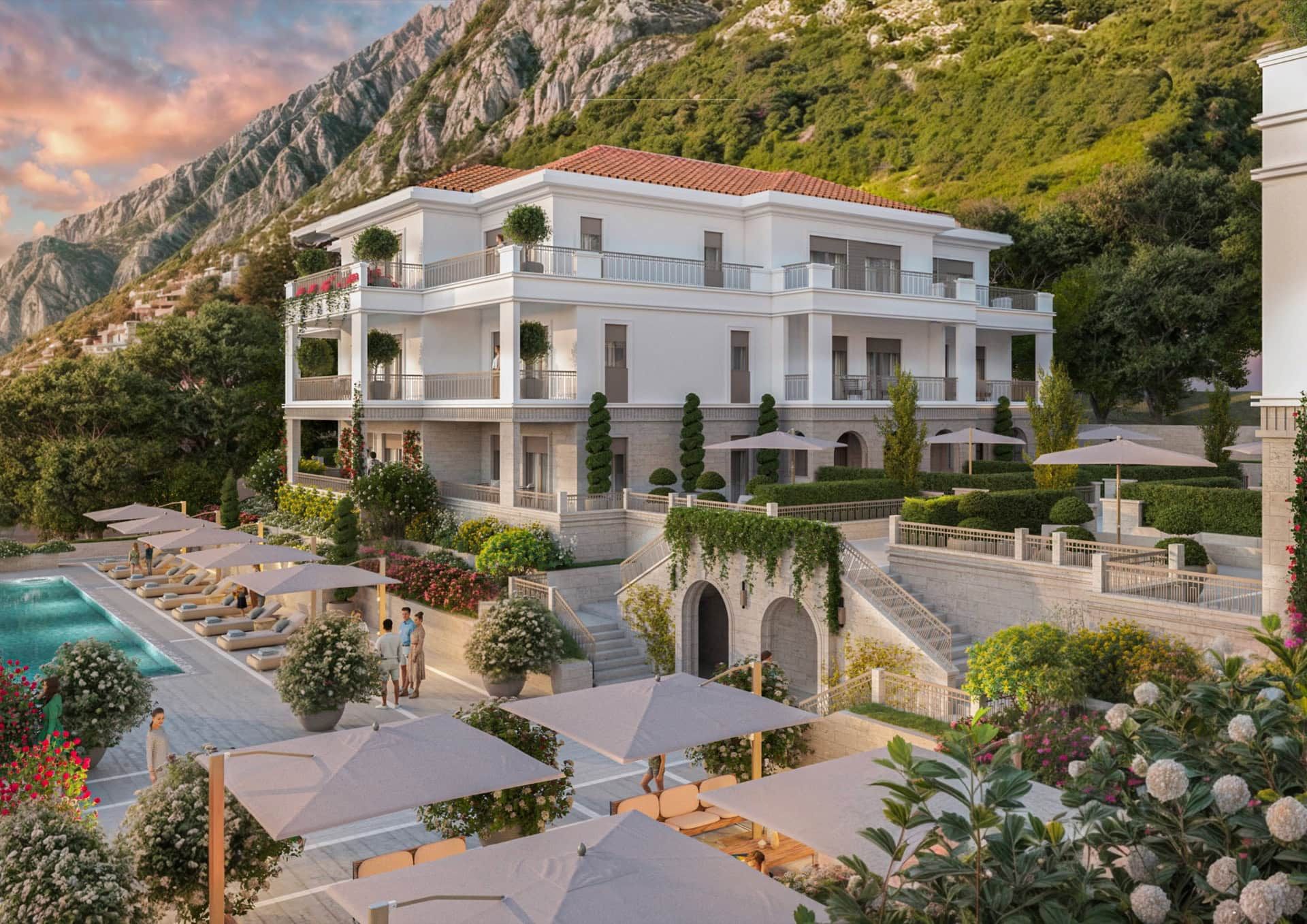 Complexe résidentiel de luxe à Ljuta, Monténégro : villa avec piscine, terrasses et aménagement paysager sur fond de montagnes.