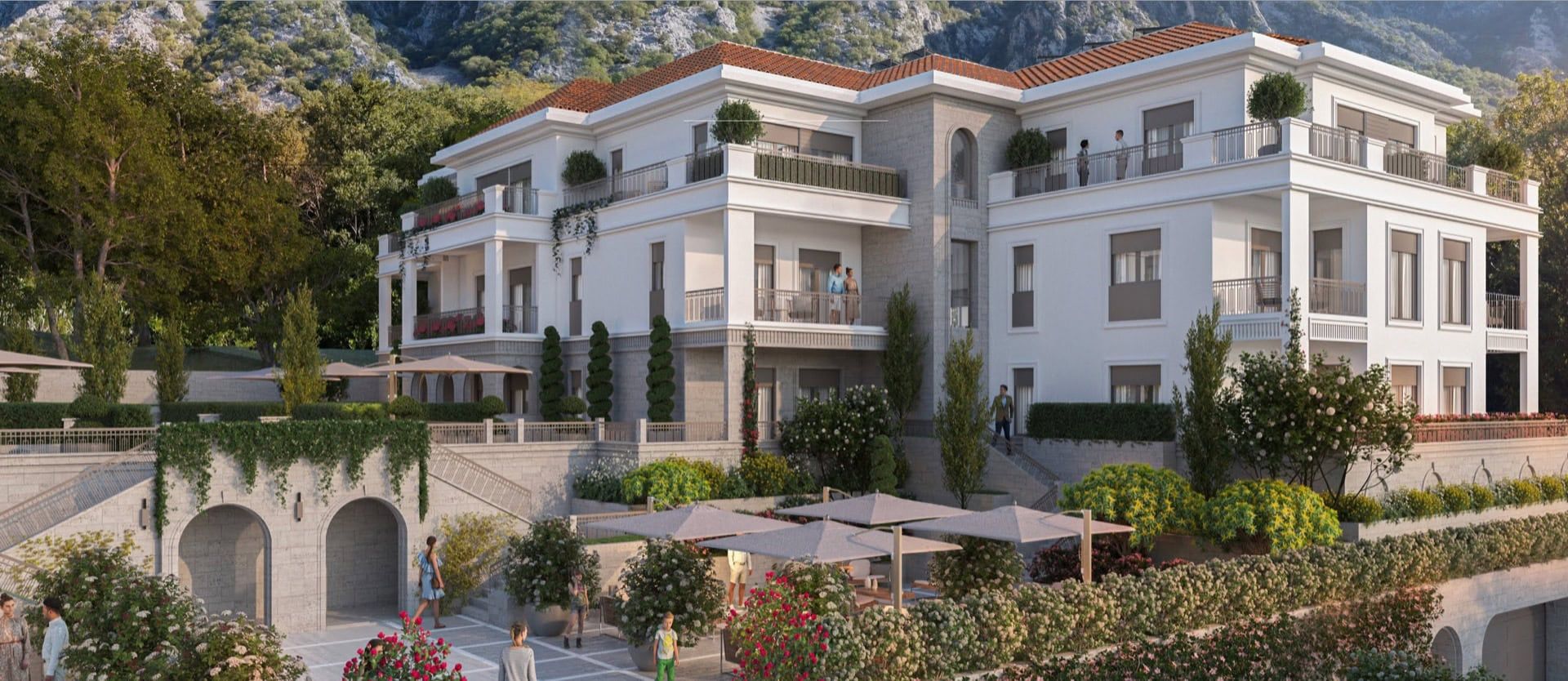 Complexe résidentiel de luxe à Luštica, Monténégro : villa moderne avec terrasses, jardin paysager et vue sur les montagnes.