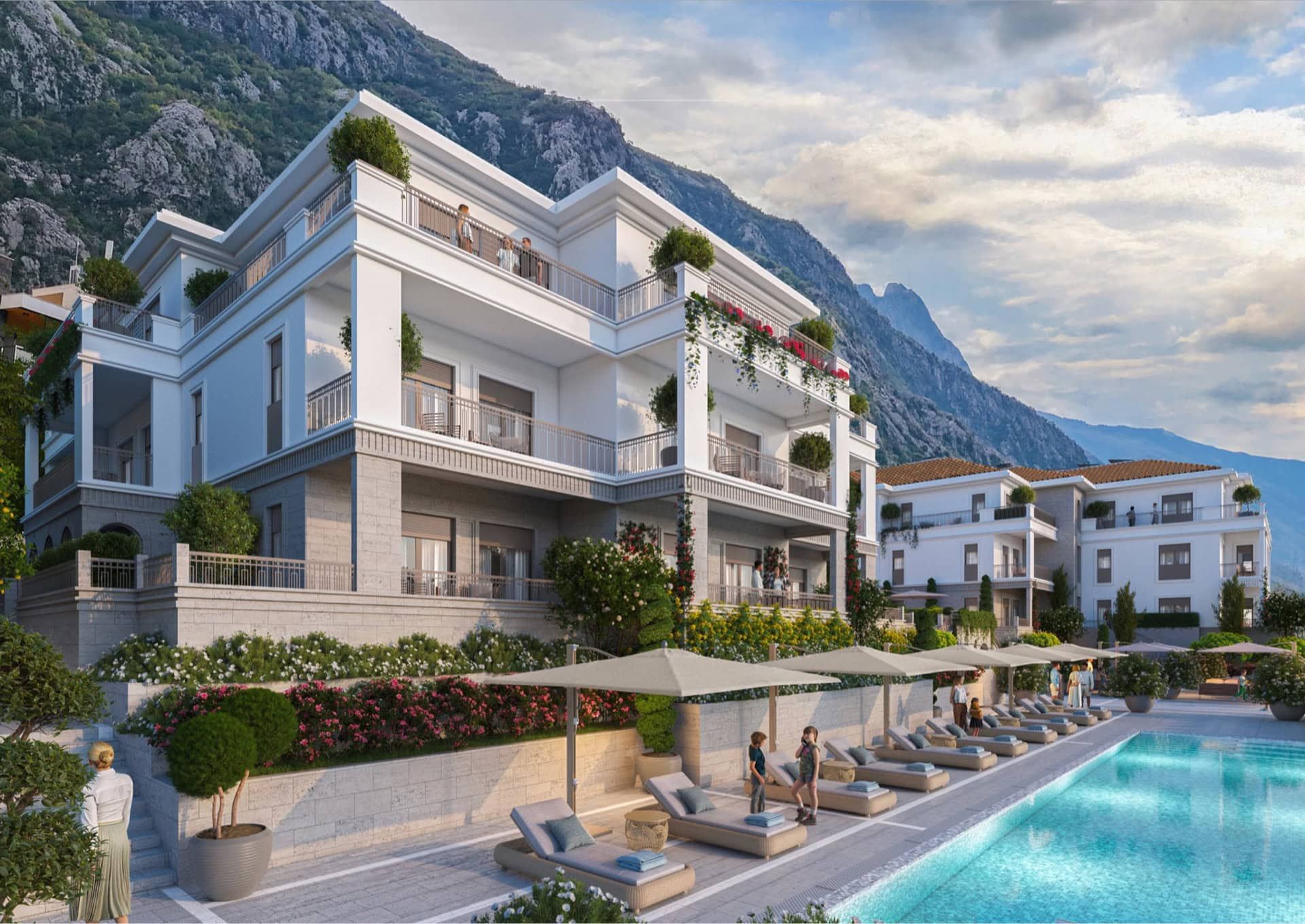 Complexe résidentiel de luxe à Luštica, Monténégro : villa moderne avec piscine, terrasses et vue sur les montagnes.