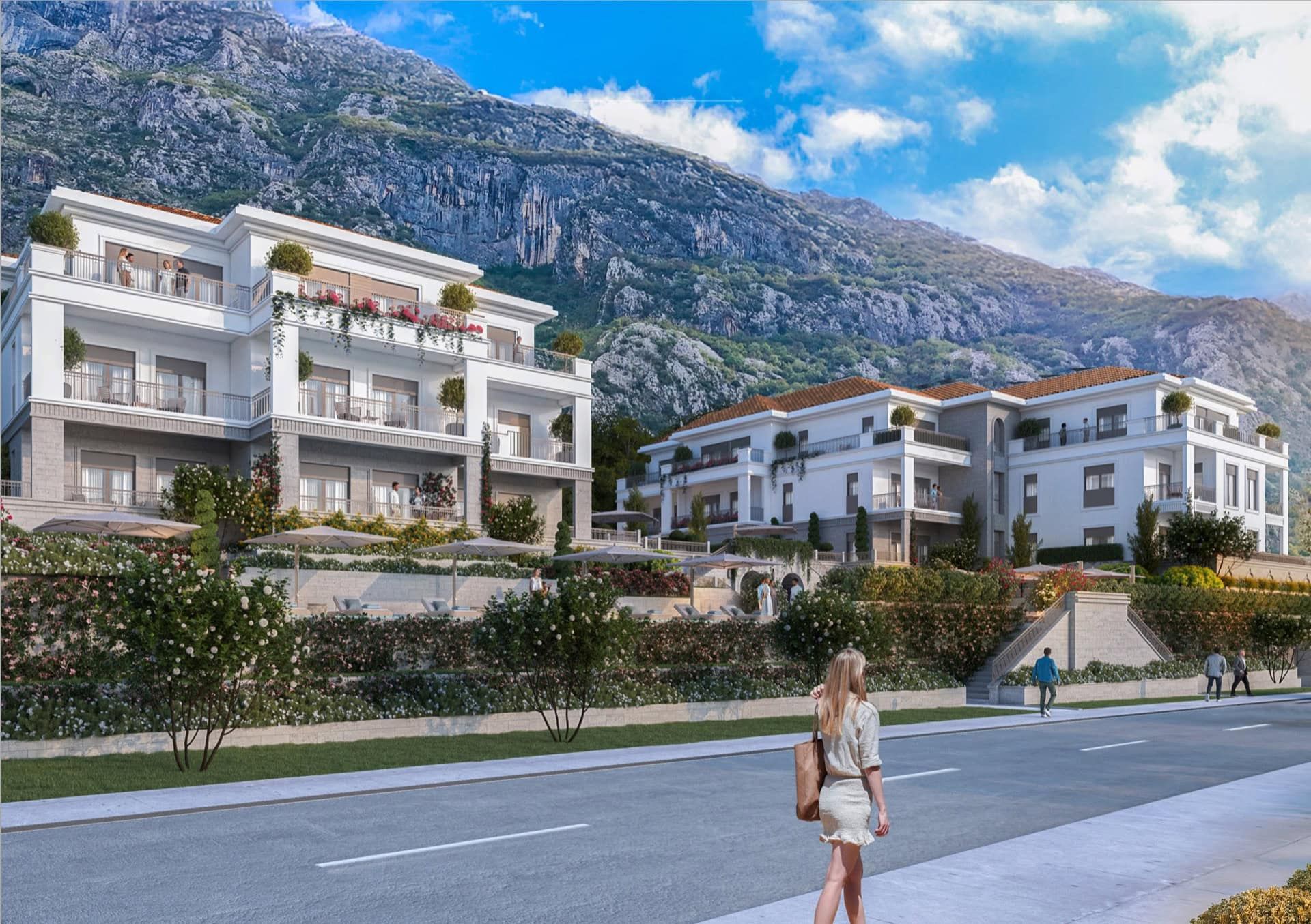 Complexe résidentiel à Ljuta, Monténégro : villas modernes avec terrasses, aménagement paysager et vue sur les montagnes.