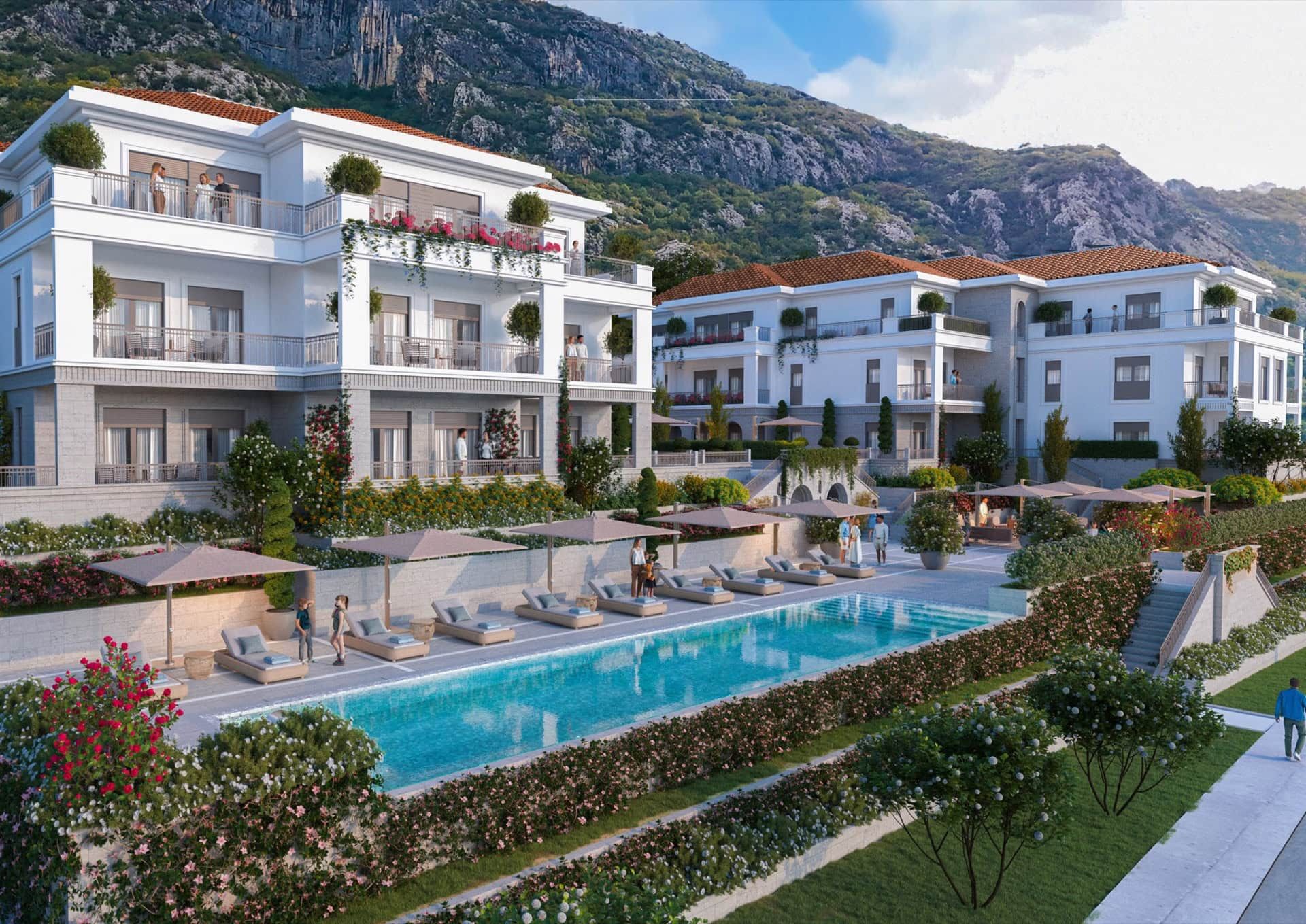 Complexe résidentiel à Ljuta, Monténégro : villa moderne avec piscine, terrasses et vue sur les montagnes dans un quartier prestigieux.
