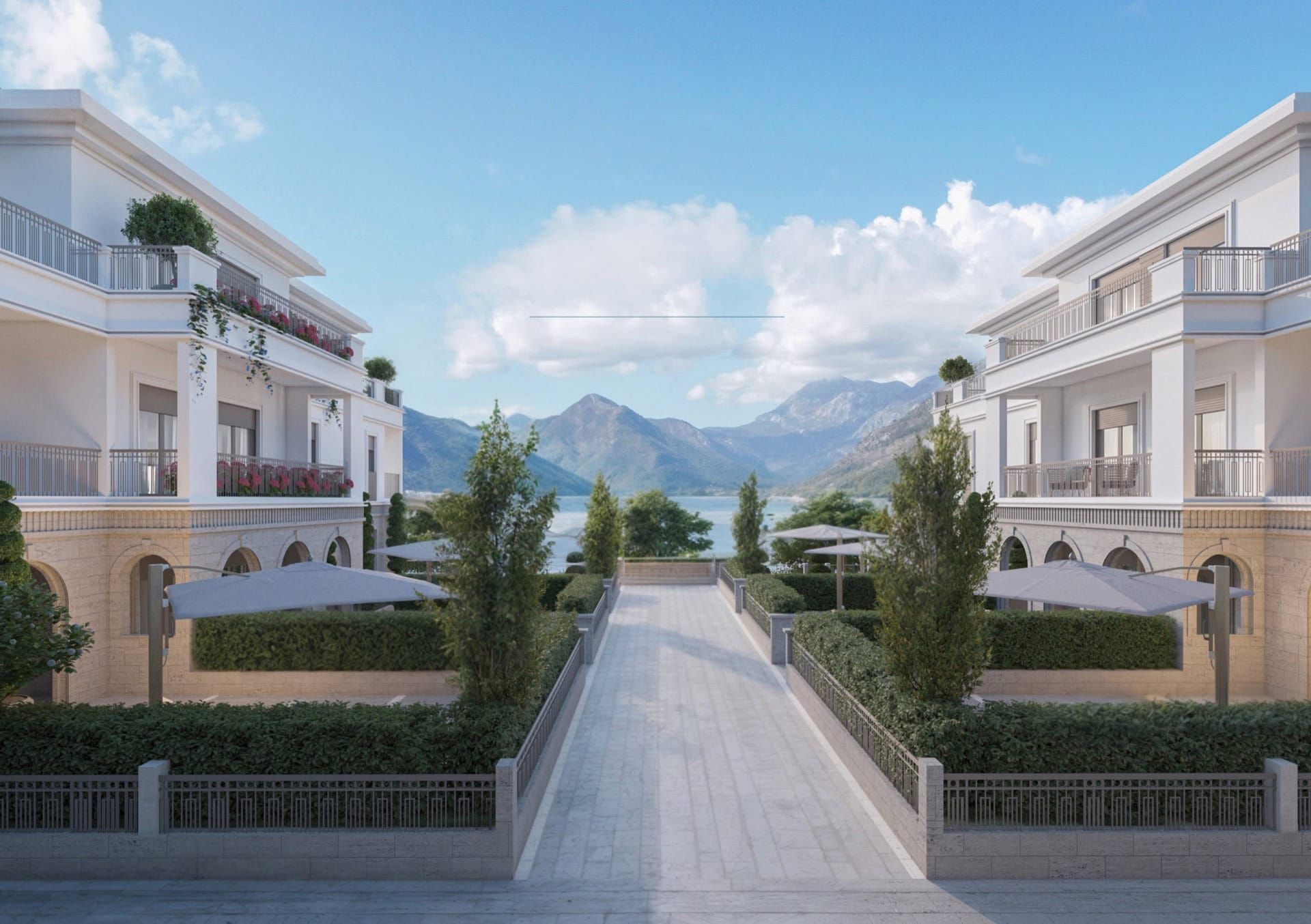 Complexe résidentiel à Ljuta, Monténégro : villas modernes avec terrasses, aménagement paysager et vue sur les montagnes et la mer.
